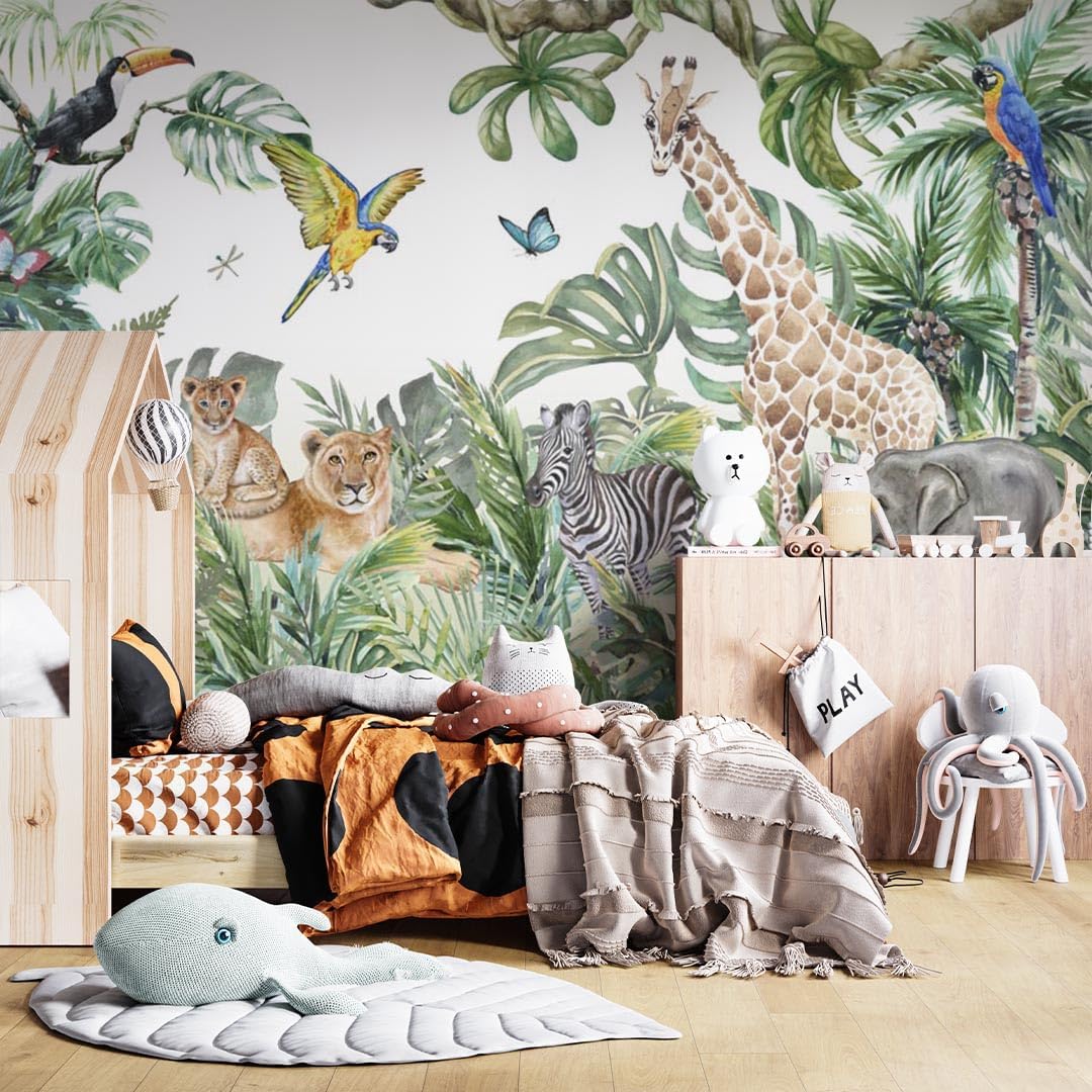 Kids Wall Mural Safari Animals Wallpaper for Children - Tropical Jungle Wall Mural - Lion Elephant Zebra Parrot Giraffe Wall Print - Kids Room Decor