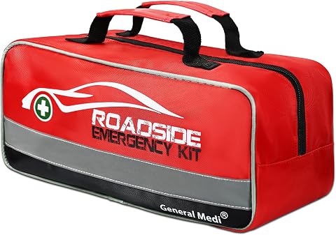 General Medi 127-Pieces Roadside Car Emergency Kit with Mini First Aid, Jumper Cables, Tow Rope, Safety Vest, Emergency Triangle