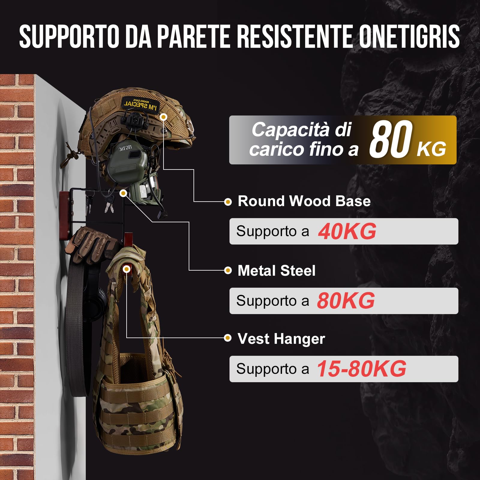 OneTigris Porta Casco Moto Ver. 2.0 – Supporto Casco da Muro 80 kg Carico, con Doppio Gancio & Porta Occhiali, Regolabile, per Caschi Moto, Gilet Airsoft, Abbigliamento Moto