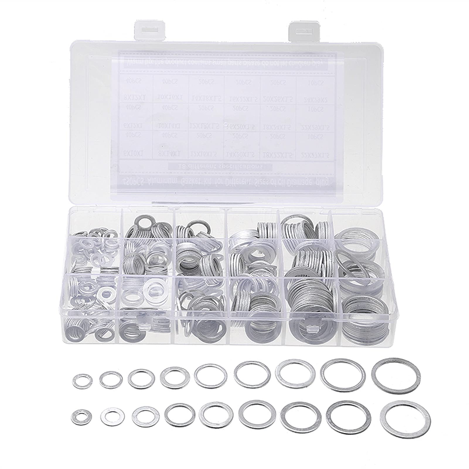 Arandela 450 unids/Set Arandelas Planas de Aluminio Arandela de Sellado de Aluminio Anillos de Junta Juego de Sellos de Anillos Planos Surtidos con Caja Varios hogares (mostración de Colores
