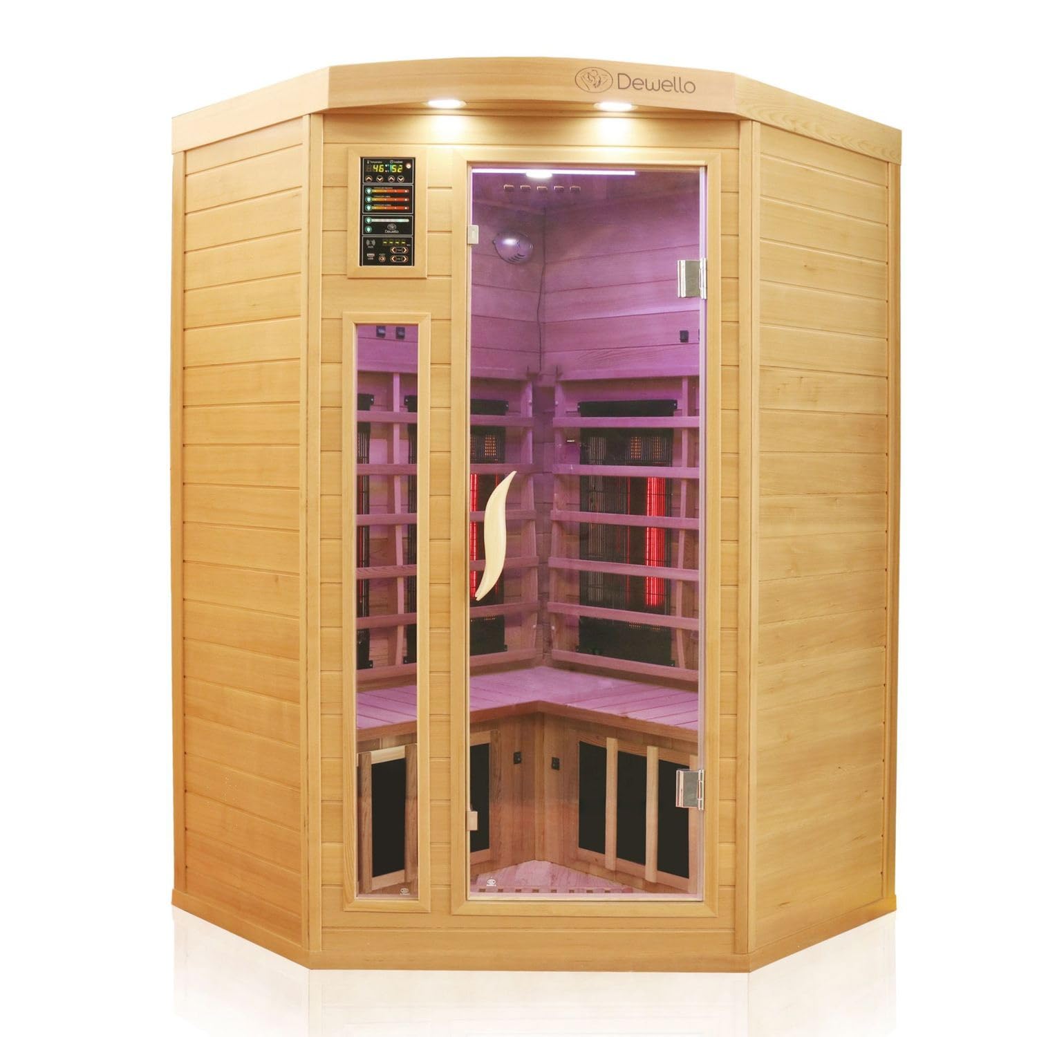 Dewello® Infrarotkabine Infrarotsauna LAKEFIELD PRO 140x140 inkl. Duo Strahler, Vollspektrumstrahler, Bodenstrahler Hemlockholz & Zedernholz, LED-Farblicht, Bluetooth, FM,MP3,USB