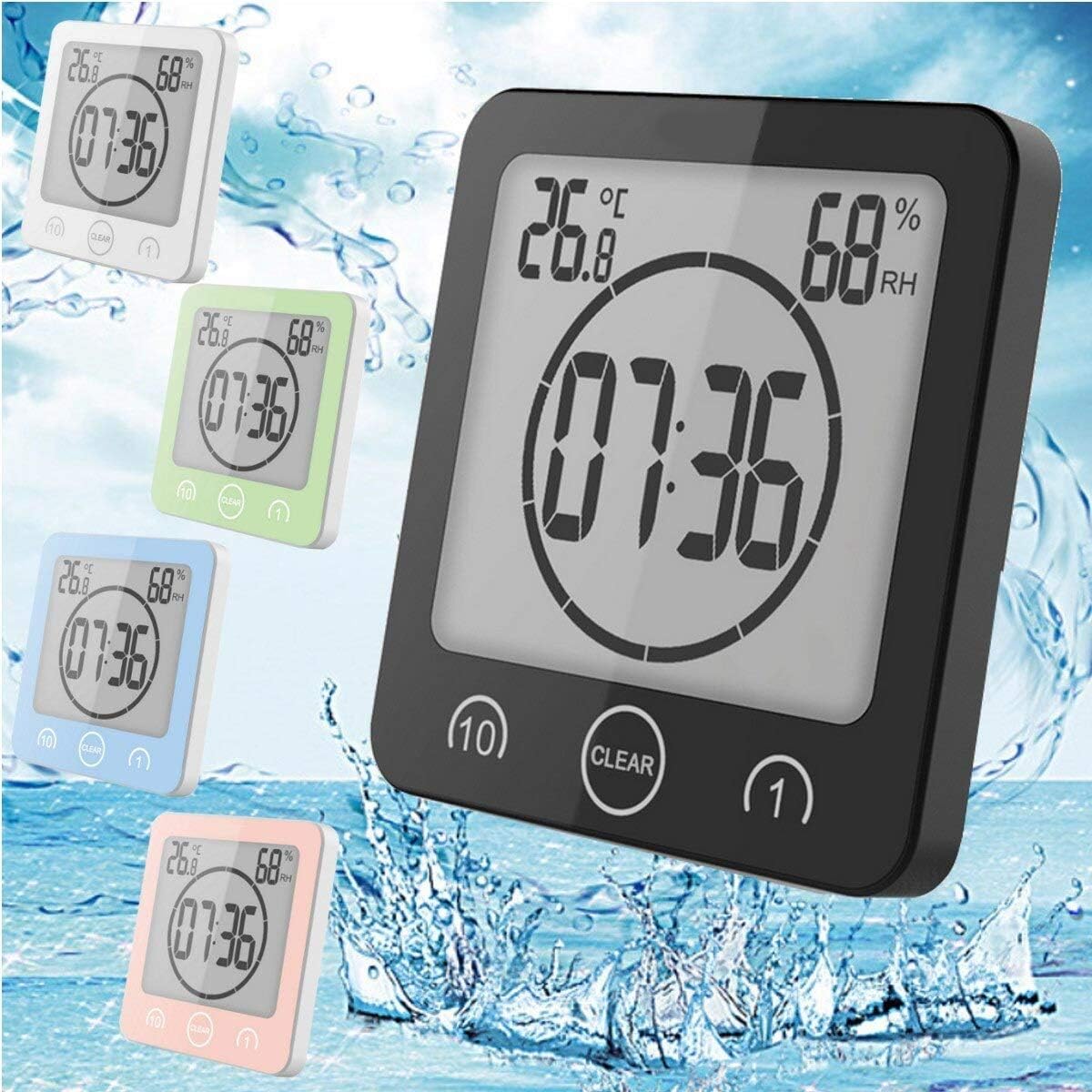 Waterproof LCD Digital Wall Clock Shower Suction Wall Stand Alarm Timer Temperature Humidity Bath Weather Station for Home (Color : Black)
