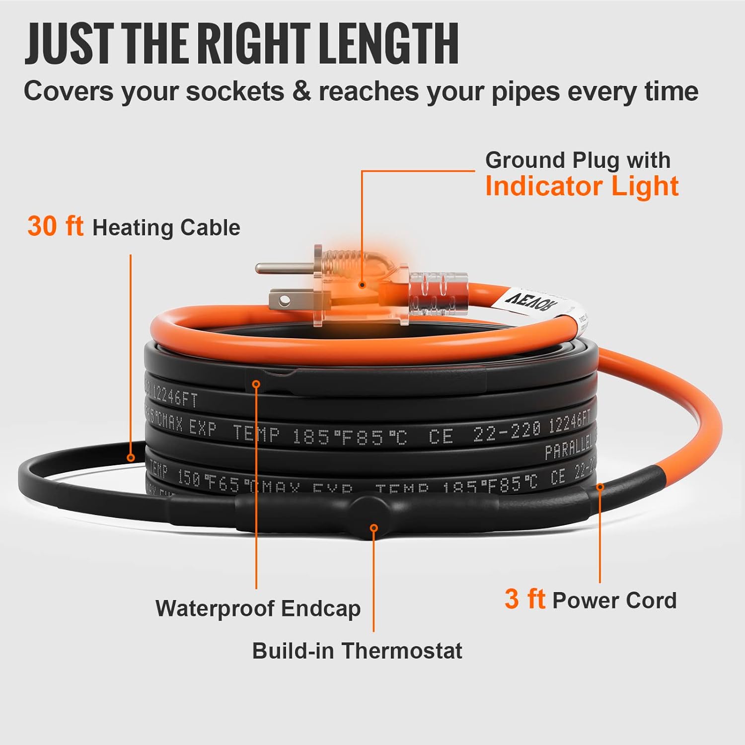 VEVOR Self-Regulating Pipe Heating Cable, 30-feet 5W/ft Heat Tape for Pipes Freeze Protection, Protects PVC Hose, Metal and Plastic Pipe from Freezing, 120V