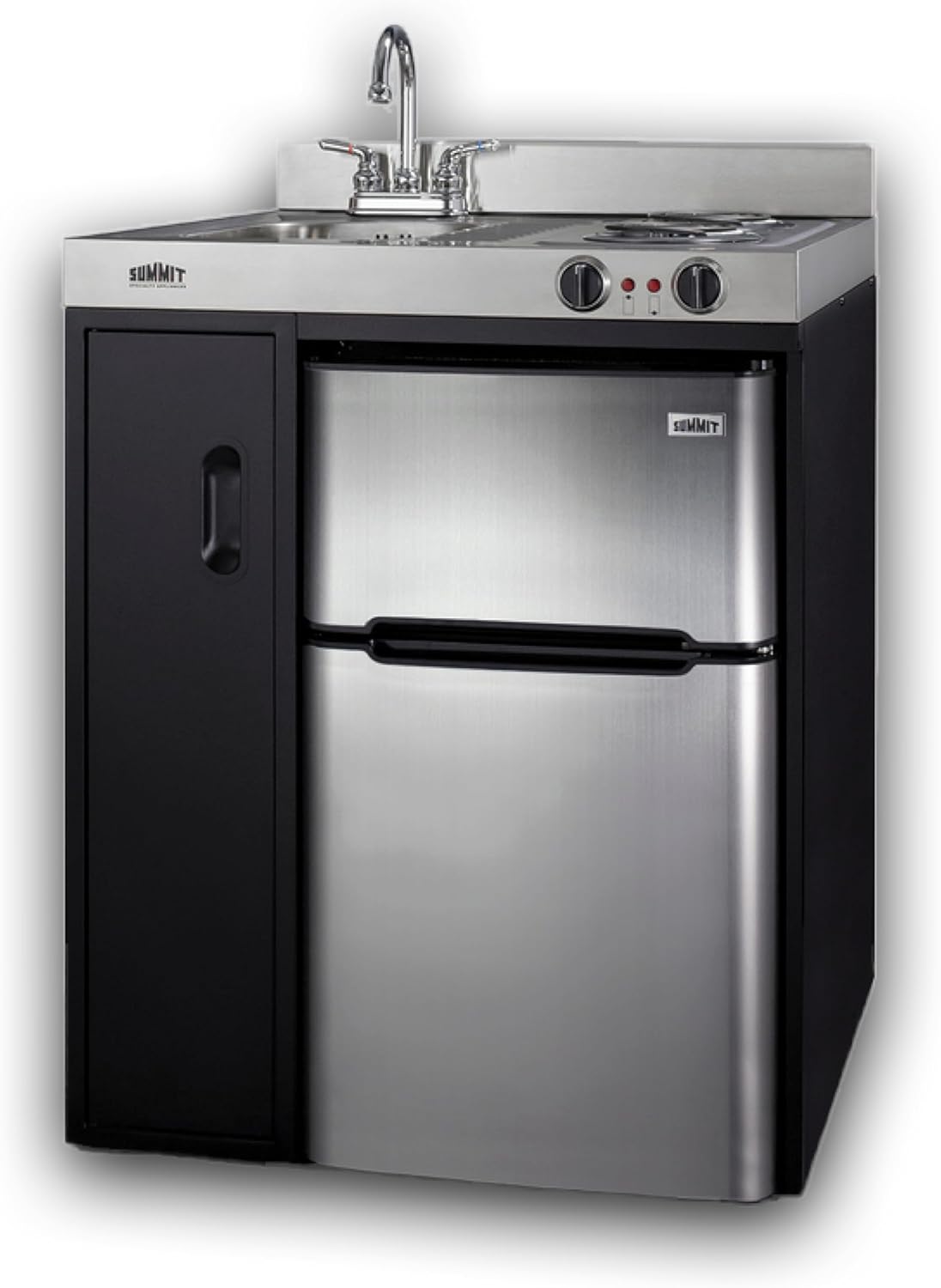 Summit 30" Wide All-In-One Kitchenette, 2-Door Refrigerator-Freezer, 2-Burner Cooktop, Sink, and Storage, Black and Stainless- C30ELBK
