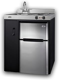 Summit 30" Wide All-In-One Kitchenette, 2-Door Refrigerator-Freezer, 2-Burner Cooktop, Sink, and Storage, Black and Stainless- C30ELBK