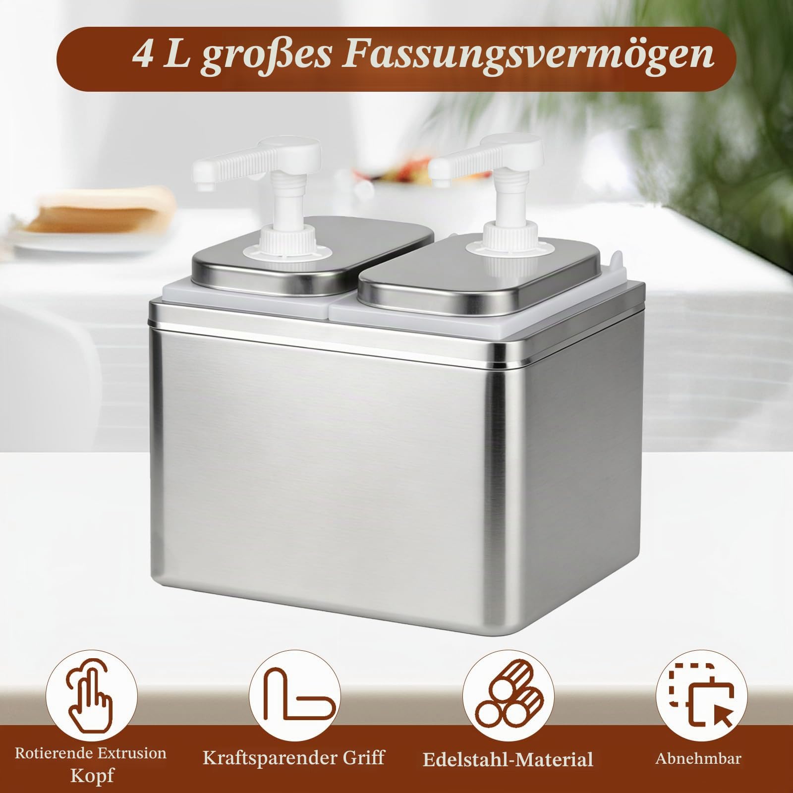 4L Ketchup Spender aus 304 Edelstahl,Sirup Spender,Honigspender,Dosierspender Saucenspender Pumpstation mit 2 x 2L Behältern,30 ml pro Pumpstoß,tropffrei für Ketchup,Mayo,Senf & mehr