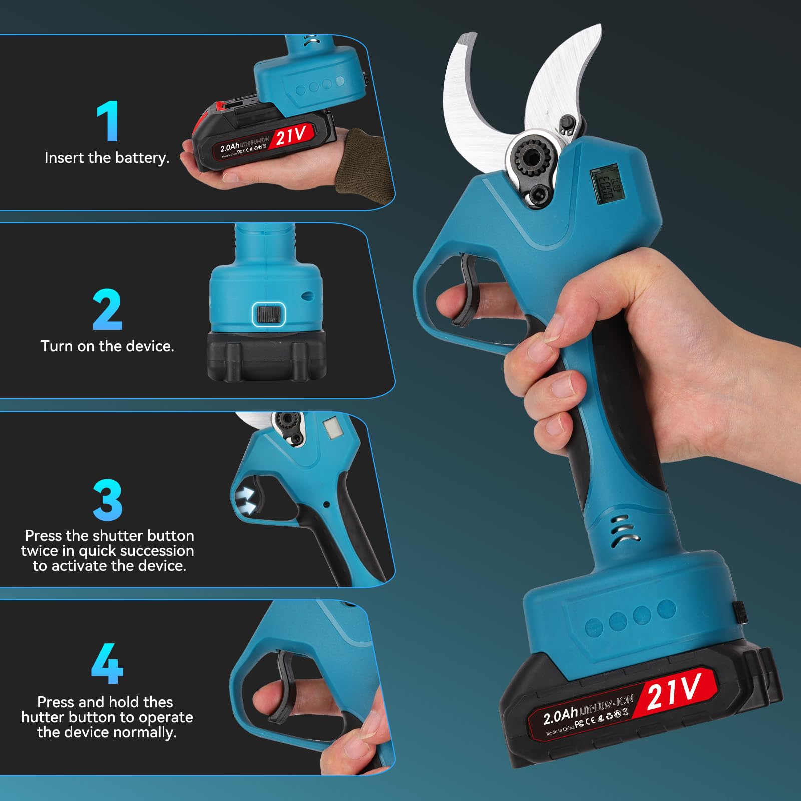 Tijeras de Podar Batería 40 mm con Pantalla y 2 Baterías 2.0Ah | Motor sin escobillas con corte preciso, ideal para árboles, viñedos y mantenimiento de zonas verdes