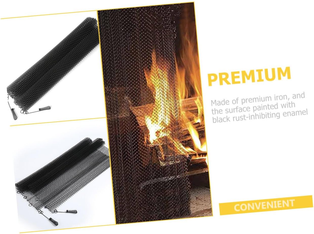 FUOYLOO 2pcs Fireplace Mesh Screen Curtains Xin Heat-Resistant Iron Panels with Metal Rings for Indoor Fireplace Protection and Floor Safety
