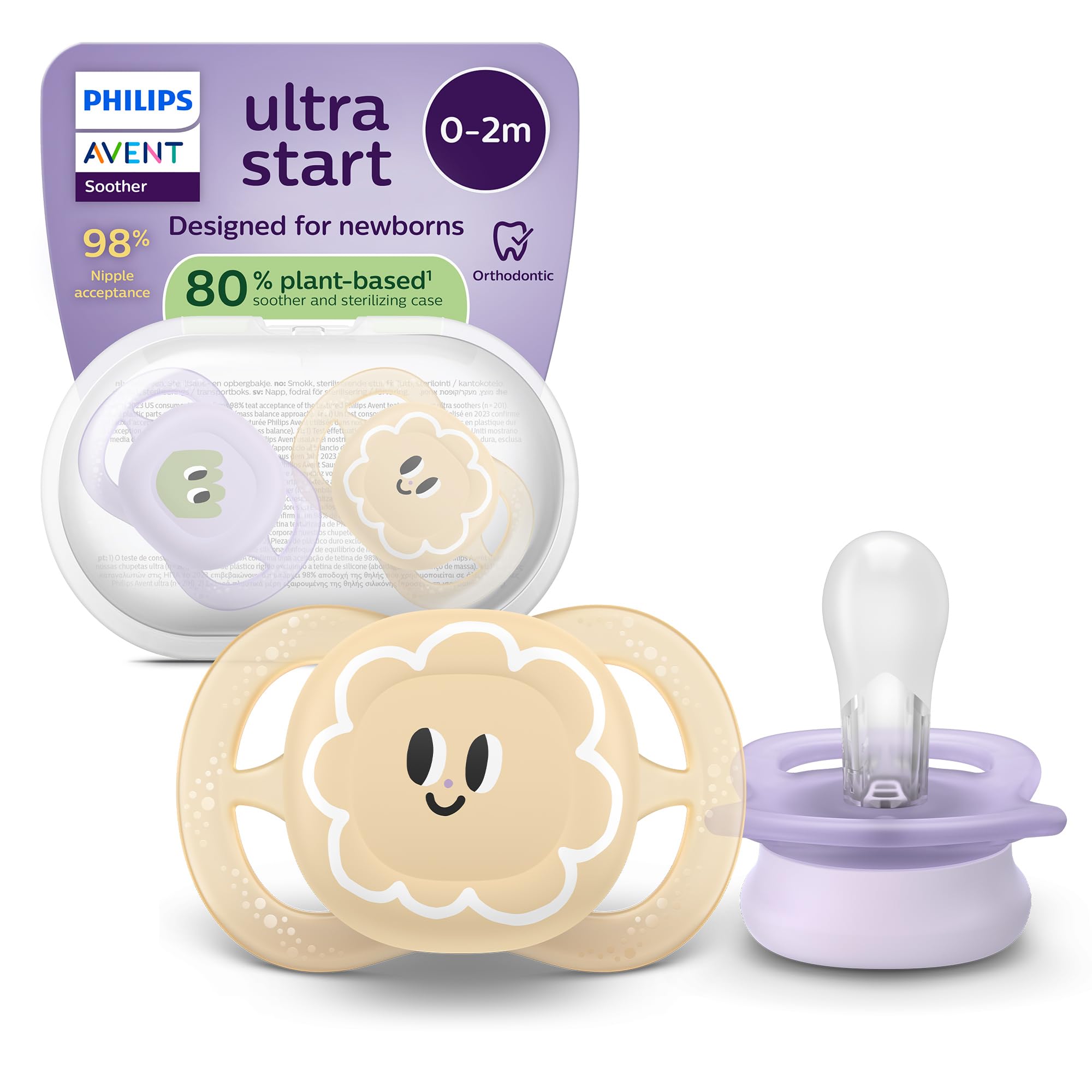Philips Avent Ultra Start Soothers - Orthodontic Design, for Newborns, Soft Silicone Symmetrical Teat, BPA-Free, with Sterilizing Case, 2 Pack, SCF075/13
