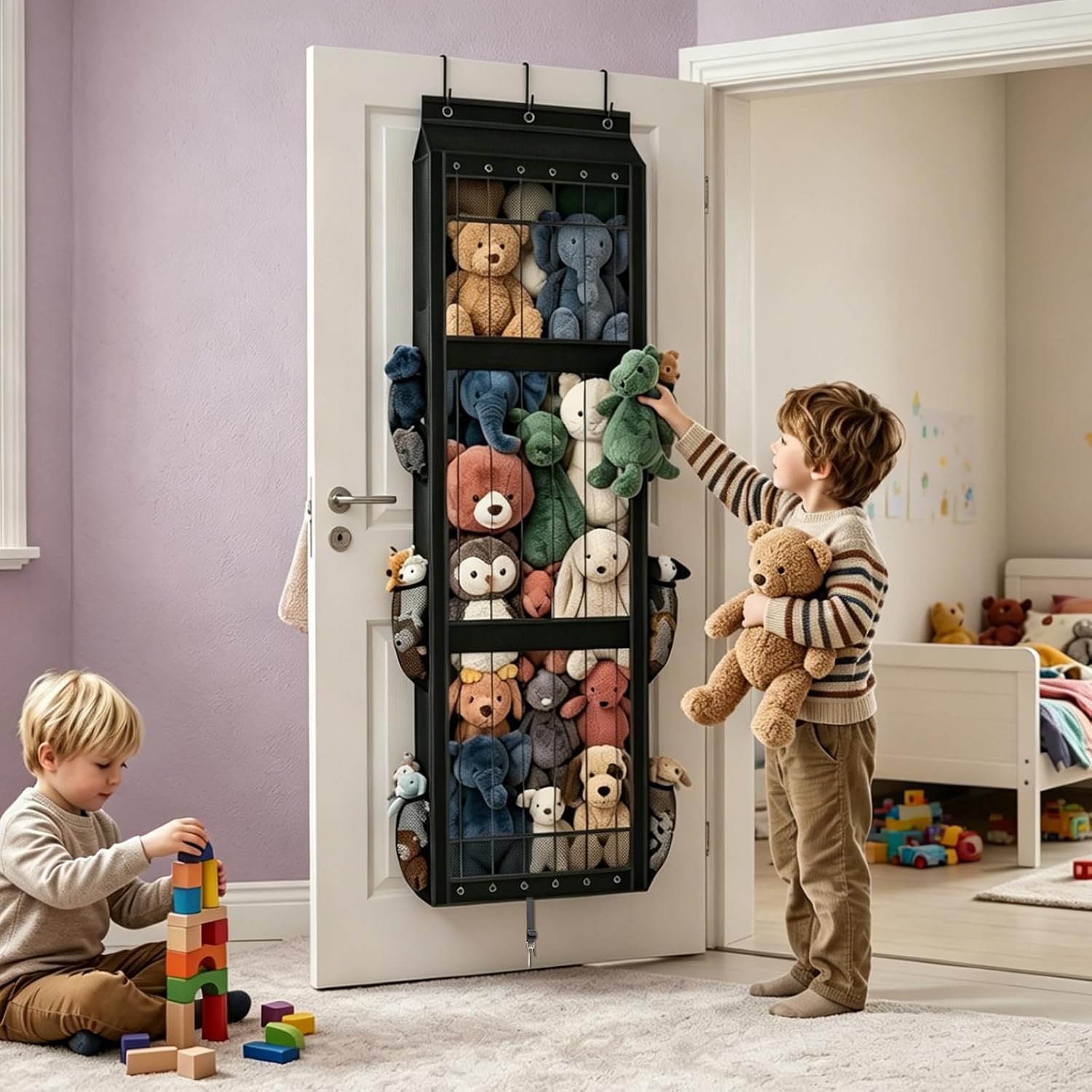 Over the Door Stuffed Animal Storage - Elastic Rope Design Large Capacity | Easy View Over The Door Storage Plush Toy , Hanging Stuffed Toy Storage Shelf for Kids Room, Playroom and Bedroom