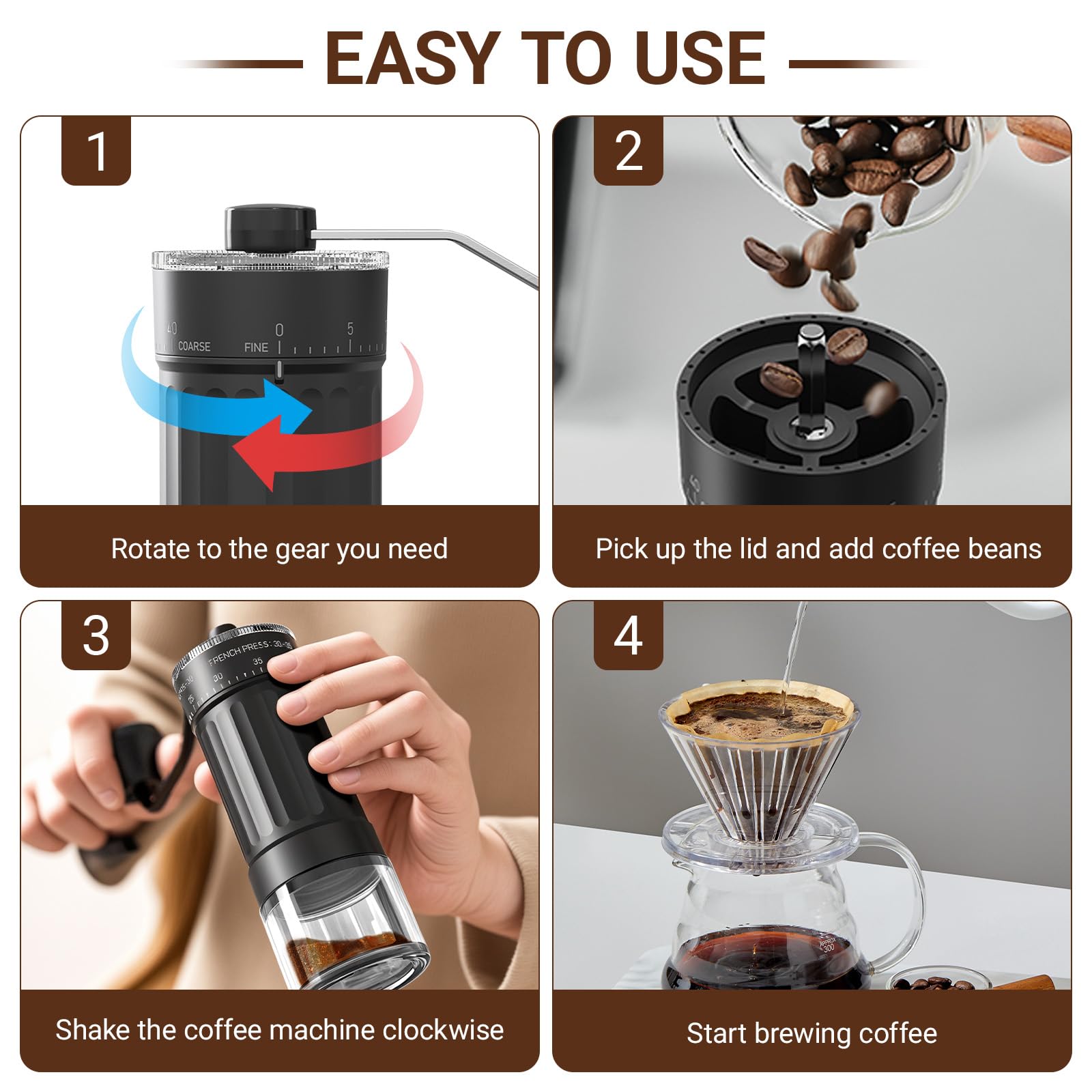 Moulin à Café Manuel, Portable Broyeur à Café en Grain avec Meules en Céramique, 40 Réglages Externes pour French Press, Espresso, Pour-Over, Moka, Idéal pour Maison, Bureau ou Voyages