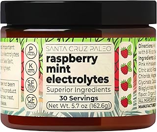 Santa Cruz Paleo Electrolyte Powder, Raspberry Mint Flavor, Sugar Free Hydration Drink Mix with Himalayan Pink Salt, Sea Salt, Magnesium Glycinate, Potassium Chloride, Sweetened with Stevia, 30 Srvgs