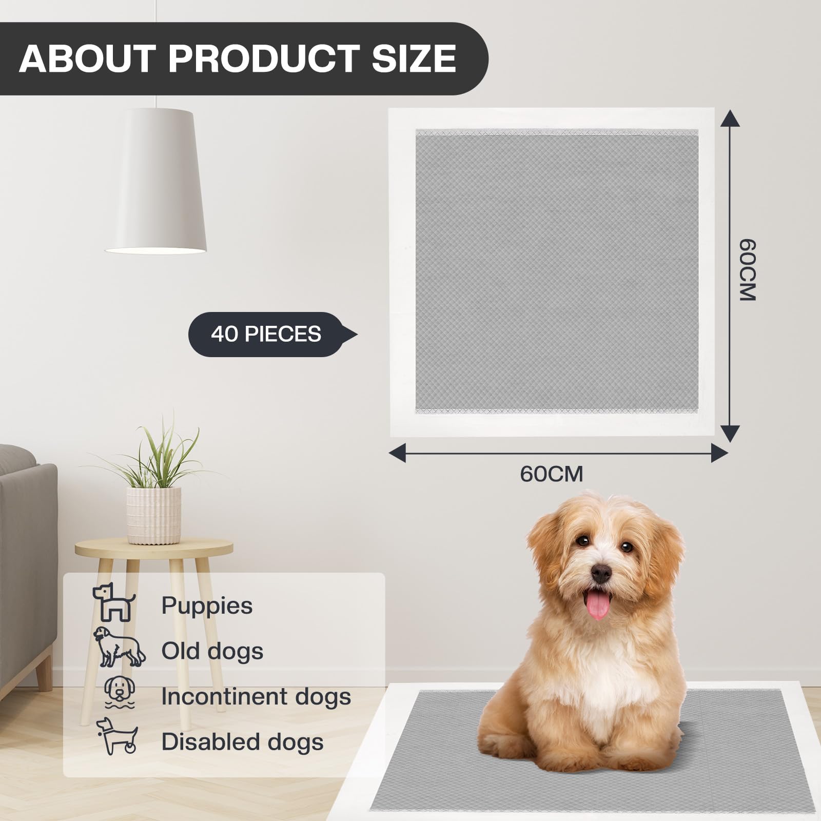 40 Pezzi Tappetini Igienici per Cani 60X60cm - Tappetini Monouso per Cane - Tappetini al Carbone con Controllo Degli Odori