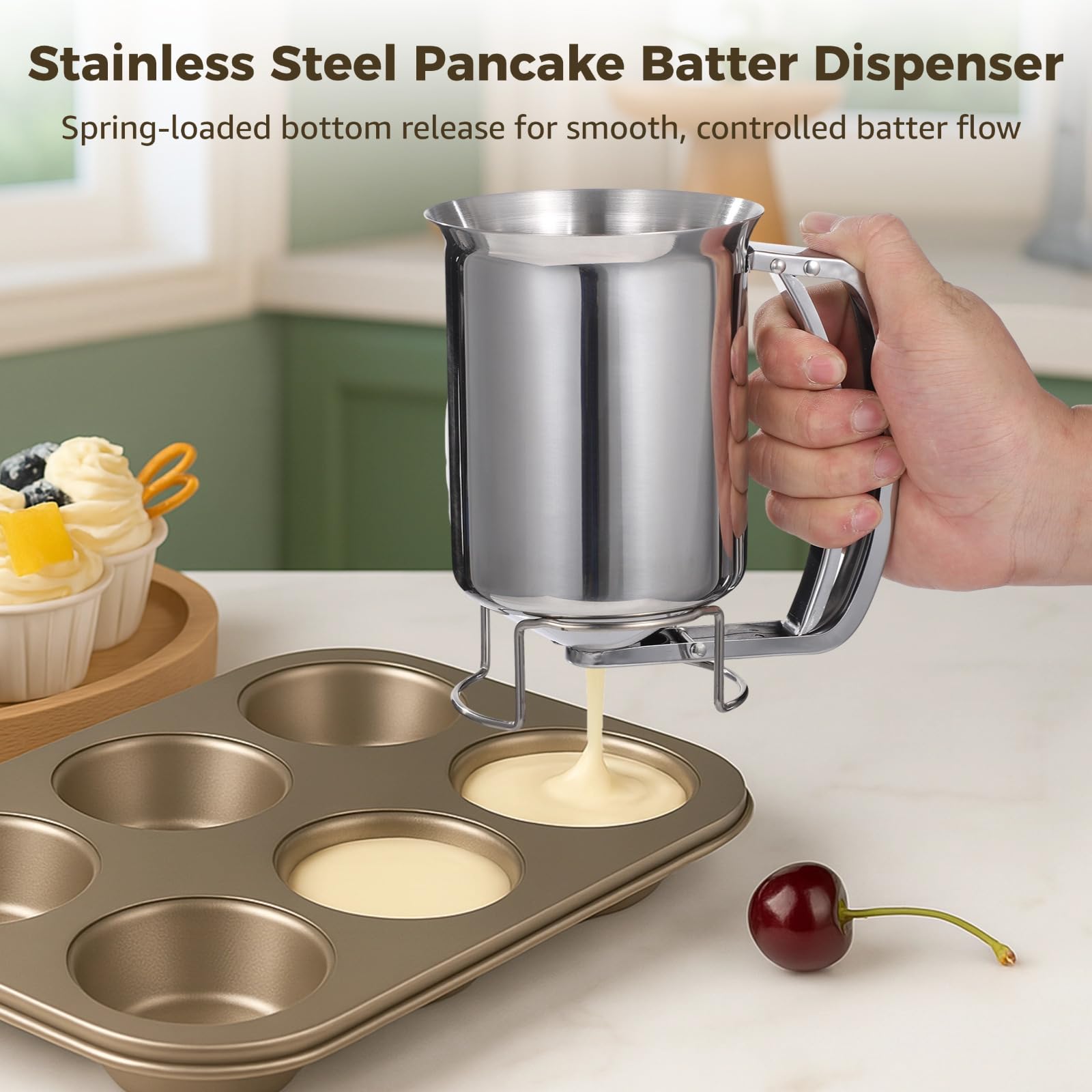 2 dispensadores de masa de acero inoxidable, recipiente dispensador de masa de panqueques de 27 onzas con asa, dispensador manual de mezcla de cupcakes para cocinar, hornear, hacer velas, cocina y uso 2