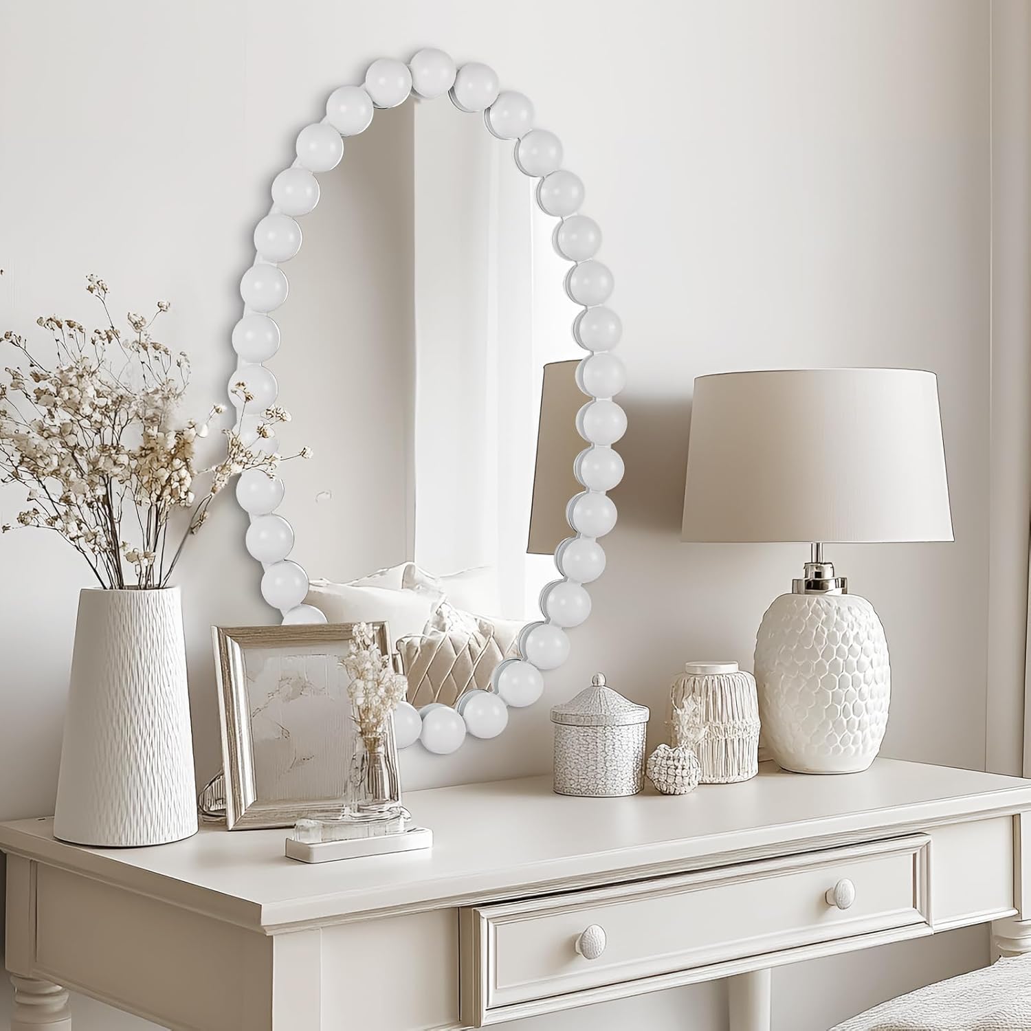 Oval Round Wall Mirror - 30 Inch Decorative Framed Bathroom/Living Room Accent Mirror with Beaded Ball Trim - Vintage Modern Style White Mirror
