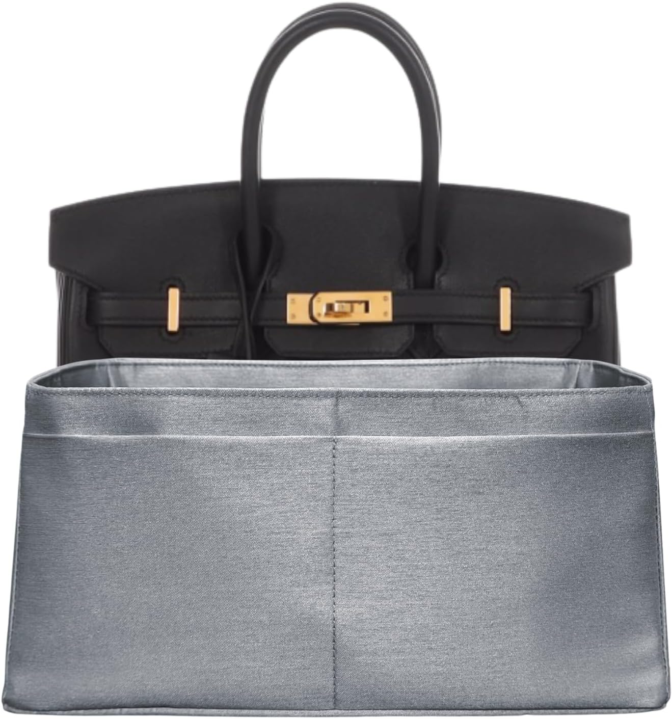 Purse organizer insert for Birkin 25, Italian Faux Silk Fabric, thin, Lightweight, brilliant sheen, Sturdy, Sturdy, Women Gift, (Metallic Gray IBK25N)