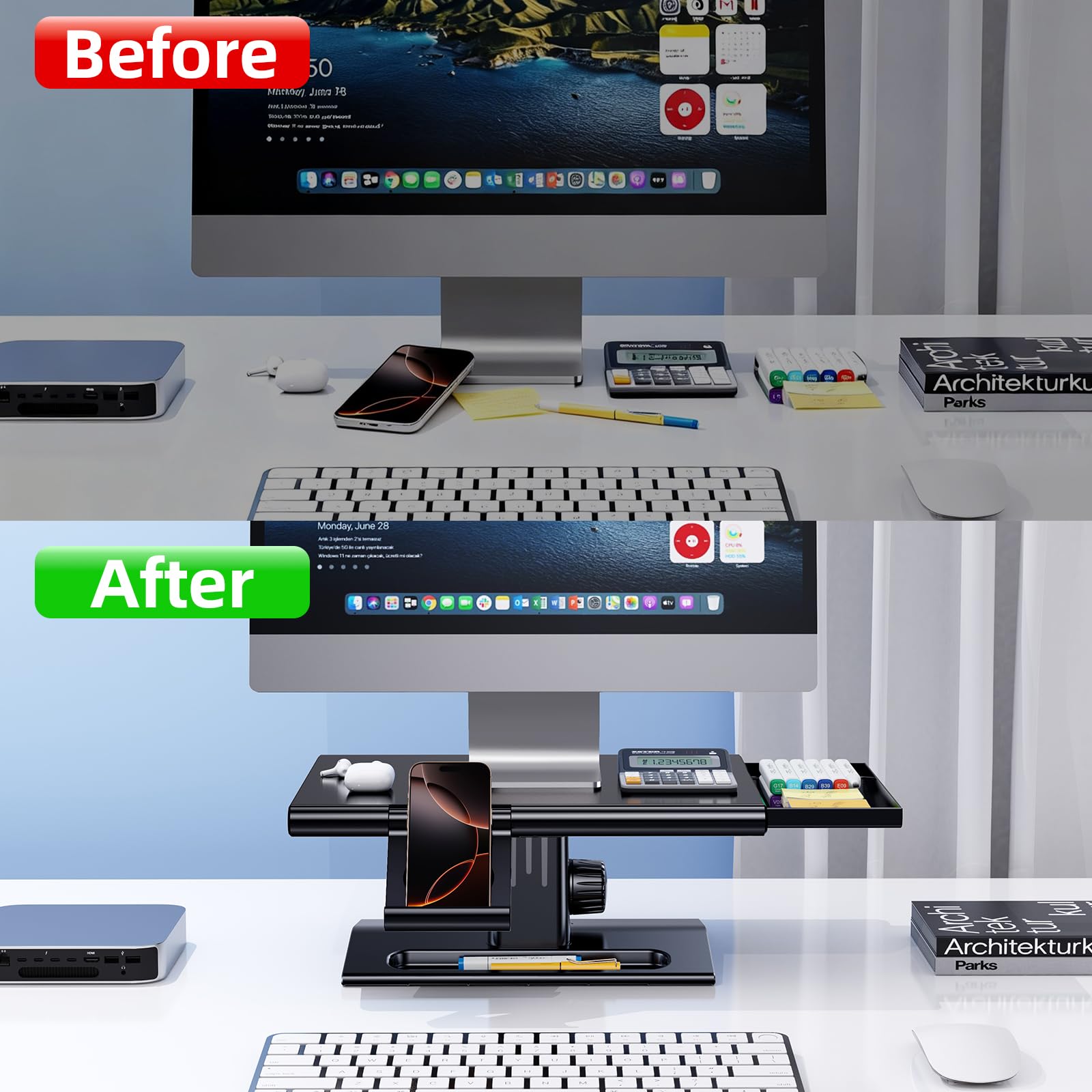 Supporto per monitor del computer, supporto regolabile in altezza con cassetto e supporto per telefono, supporto da scrivania per stampante, organizer da scrivania per ufficio e casa