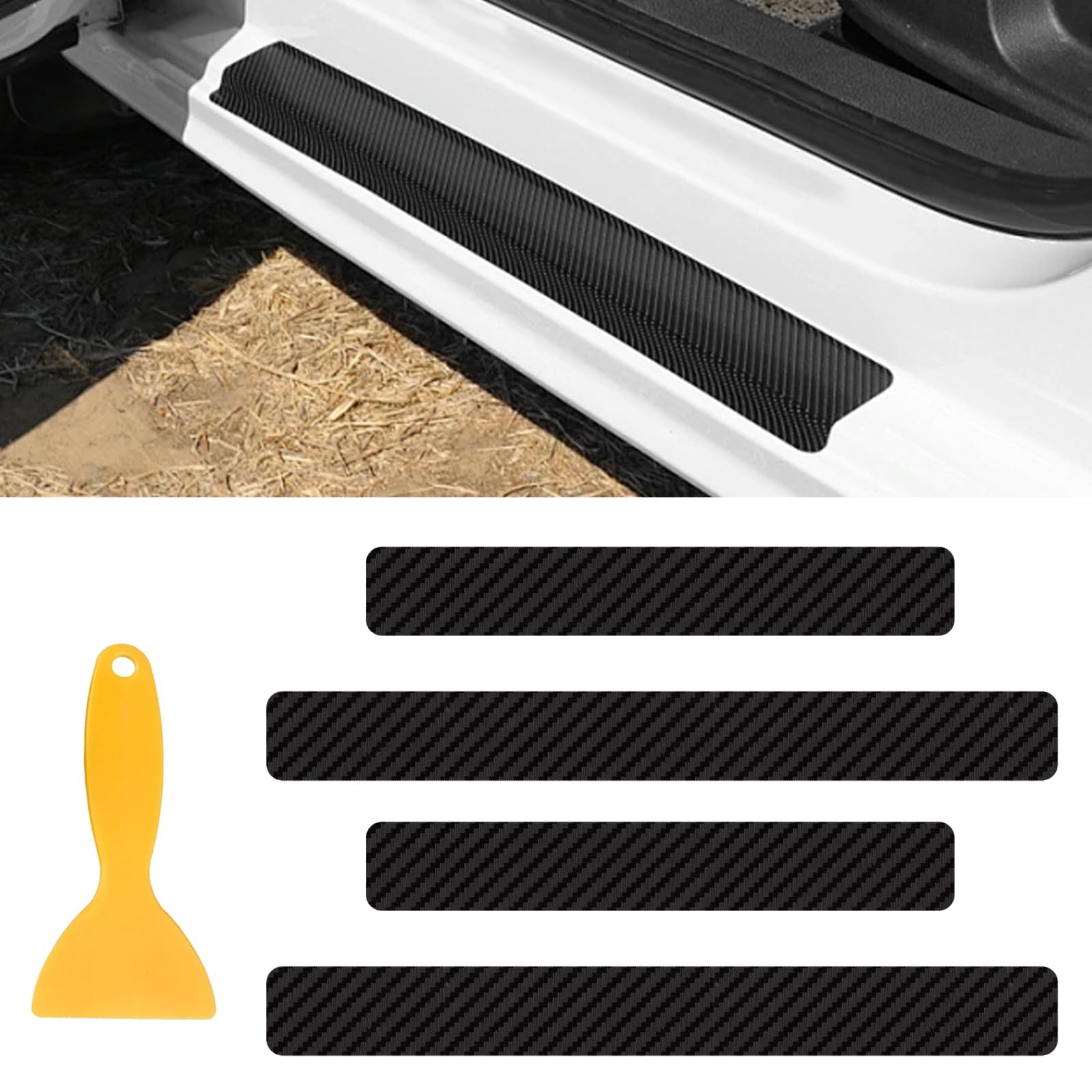 4PCS Carbon Door Sills Protector with Scraper, 5D Anti-Scratch Door Edge Entry Protection Trim for Door Edge/Front and Rear Bumper Door Threshold Protector Cover Sticker Strips(Black)
