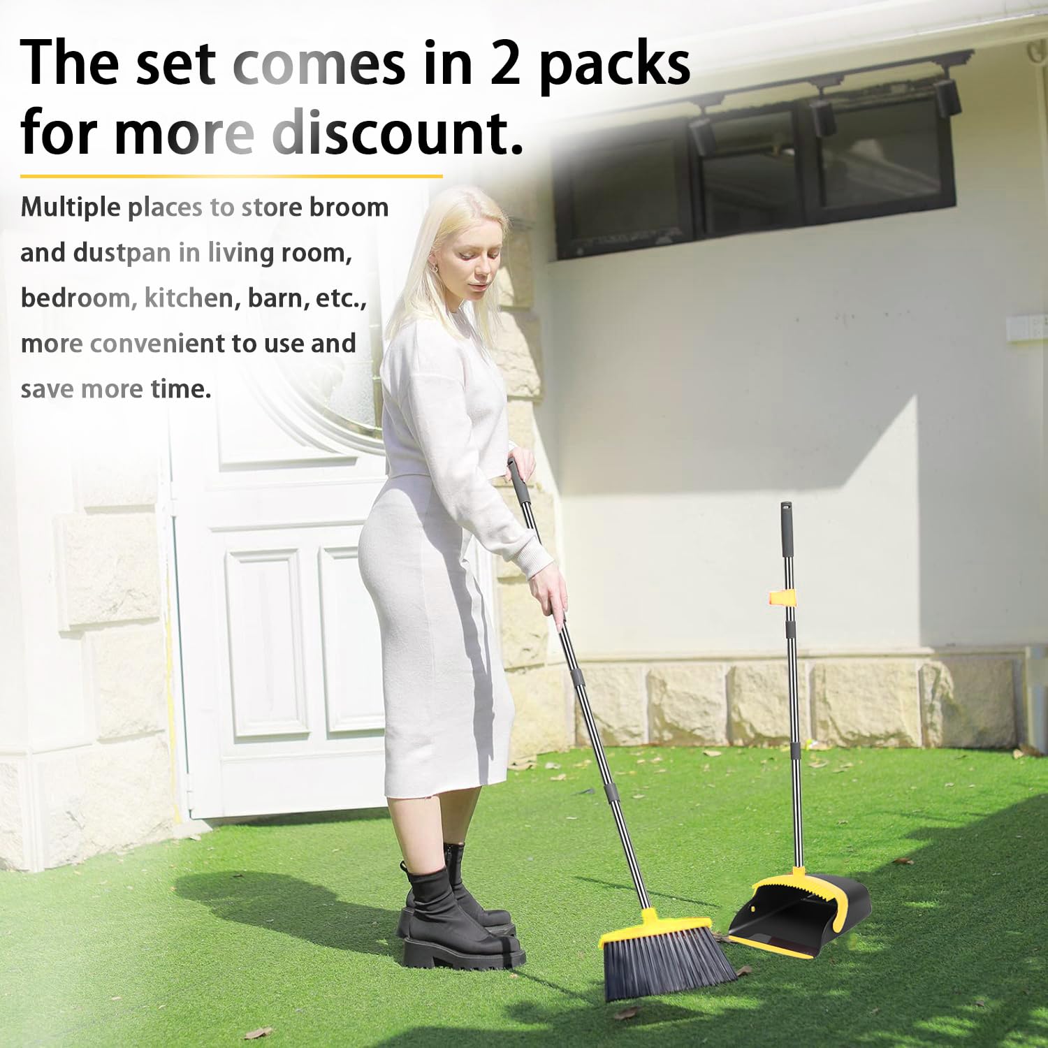 2er-Pack ist sparsamer, Besen mit Kehrschaufel-Kombi-Set, mit 132,1 cm langem Griff, Kehrschaufelzähne mit Selbstreinigungsfunktion, Kehren für drinnen und draußen, perfekt für Home Office (groß/gelb
