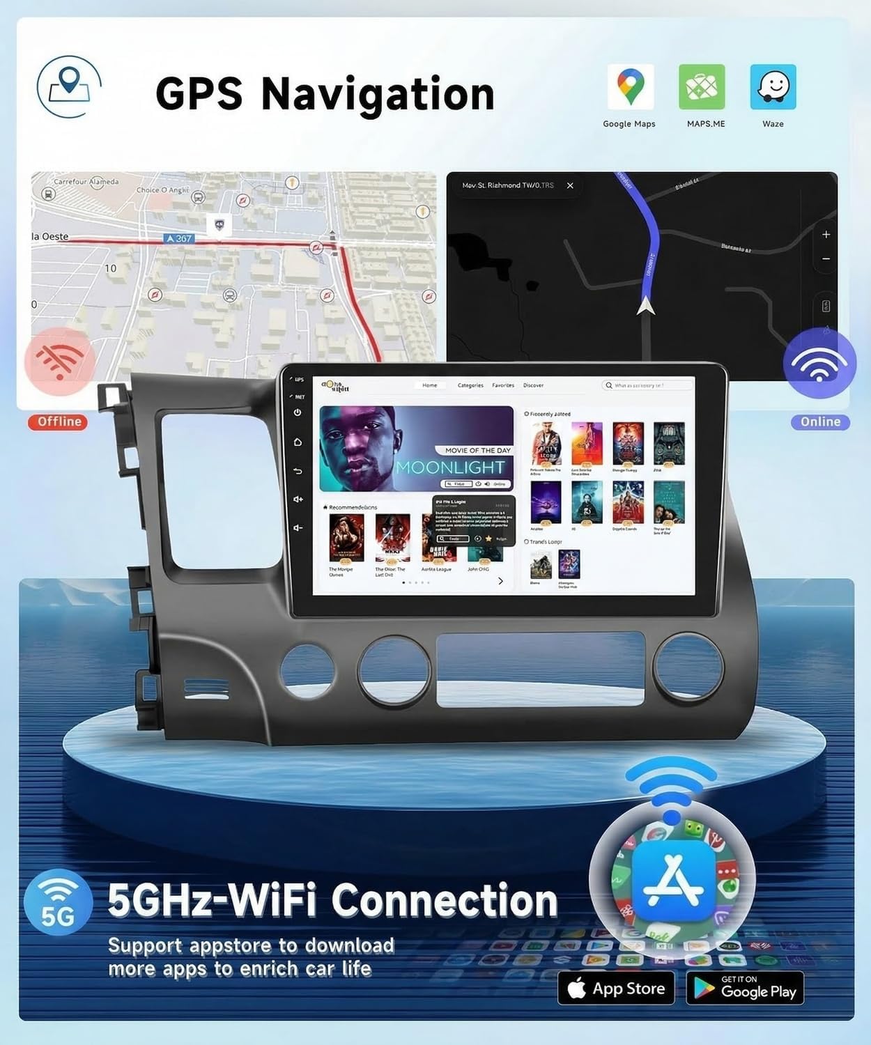 5GHz-WiFi 2G+64G Car Stereo for Honda Civic 2006 2007 2008 2009 2010 2011 with Wireless Carplay Android Auto, 10.1" Touchscreen Android 15 Car Radio Support Bluetooth EQ GPS USB AHD Backup Camera