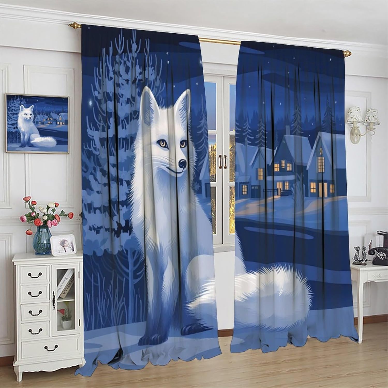 Fantasy Fox Christmas Tree Blackout Window Curtain Panels, Snowy Star Cottage Rod Pocket Window Drapes for Living Room Bedroom, 2 Panels, Each 21W x 63L