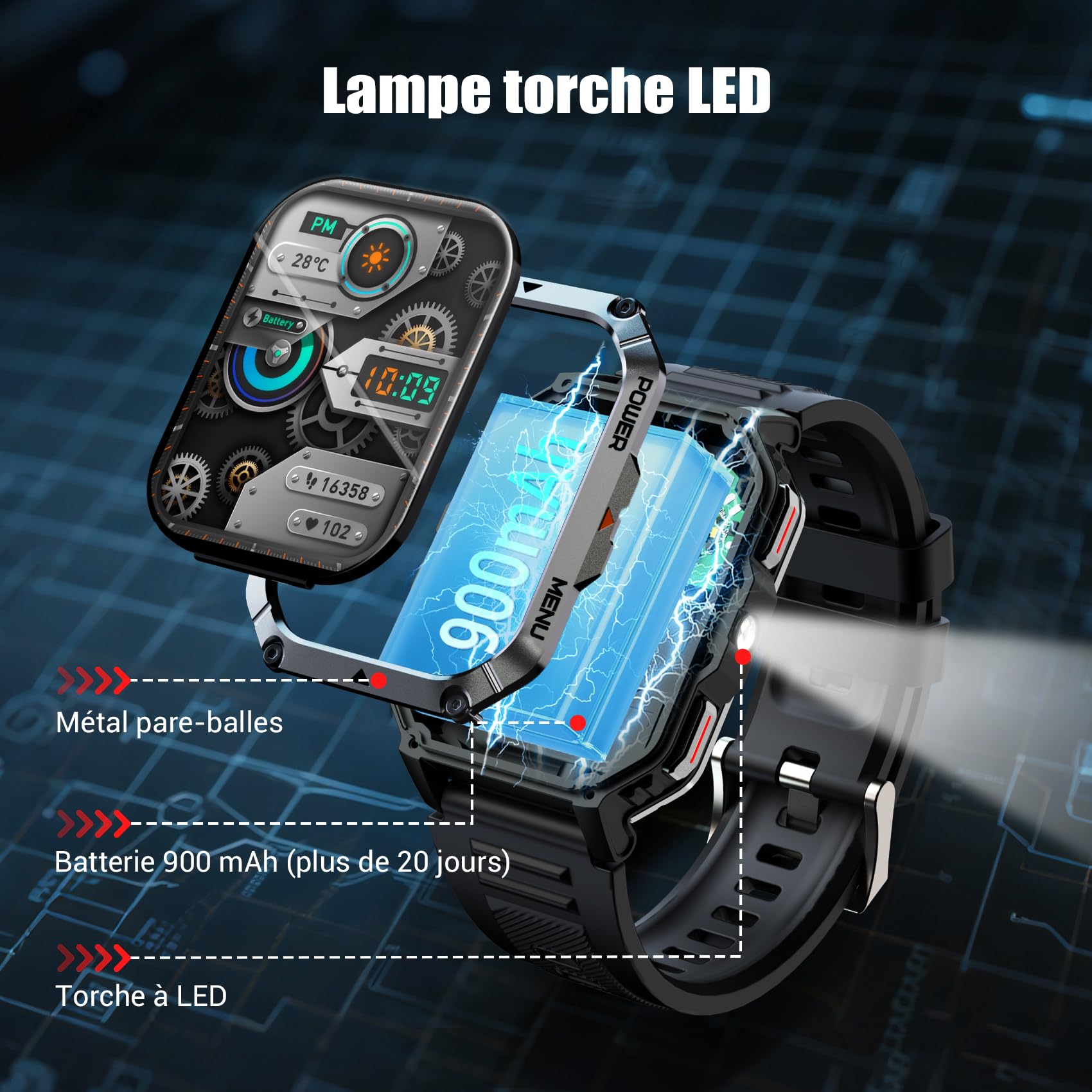 IOWODO Montre Connectée Homme 2026 | Écran 2,01" Autonomie 100 Jours | Lampe Torche LED Boussole | 100+ Modes Sportifs | Indice Protection IP68 Conformité aux Normes Militaires