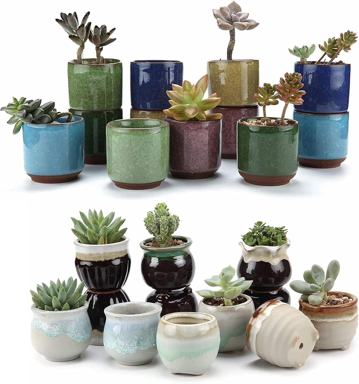 T4U 2.5 Inch Mini Ceramic Succulent Planter Pots with Drainage Hole Set of 24, Ice Crack and Glazed Tiny Cactus Containers