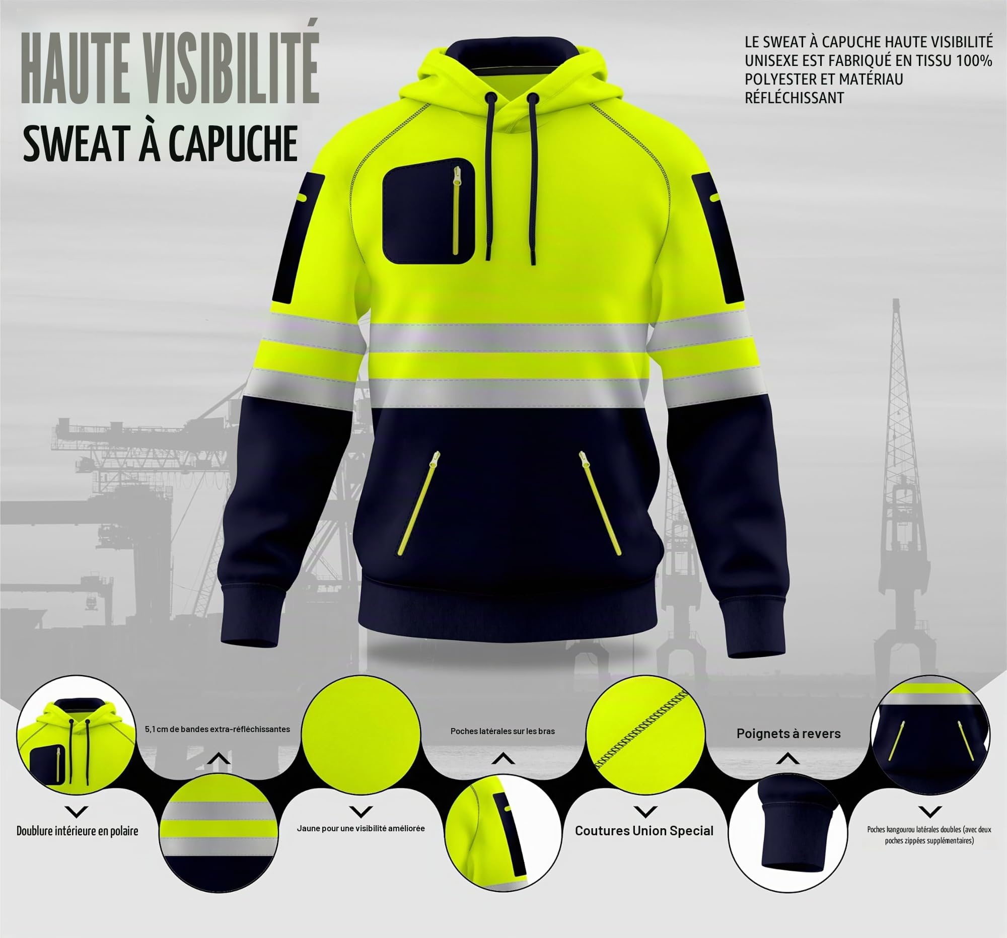 Sweat à capuche haute visibilité pour homme avec bande réfléchissante haute visibilité et poches zippées S-2XL