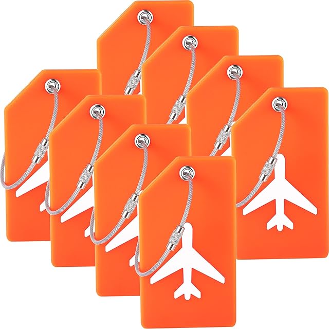 8 Pieces Luggage Tags Silicone Luggage suitcases Tags for Travel Luggage Name Tags Includes Name Cards with Partial Privacy Cover & Stainless Steel Loops for Secure Fastening (Orange)