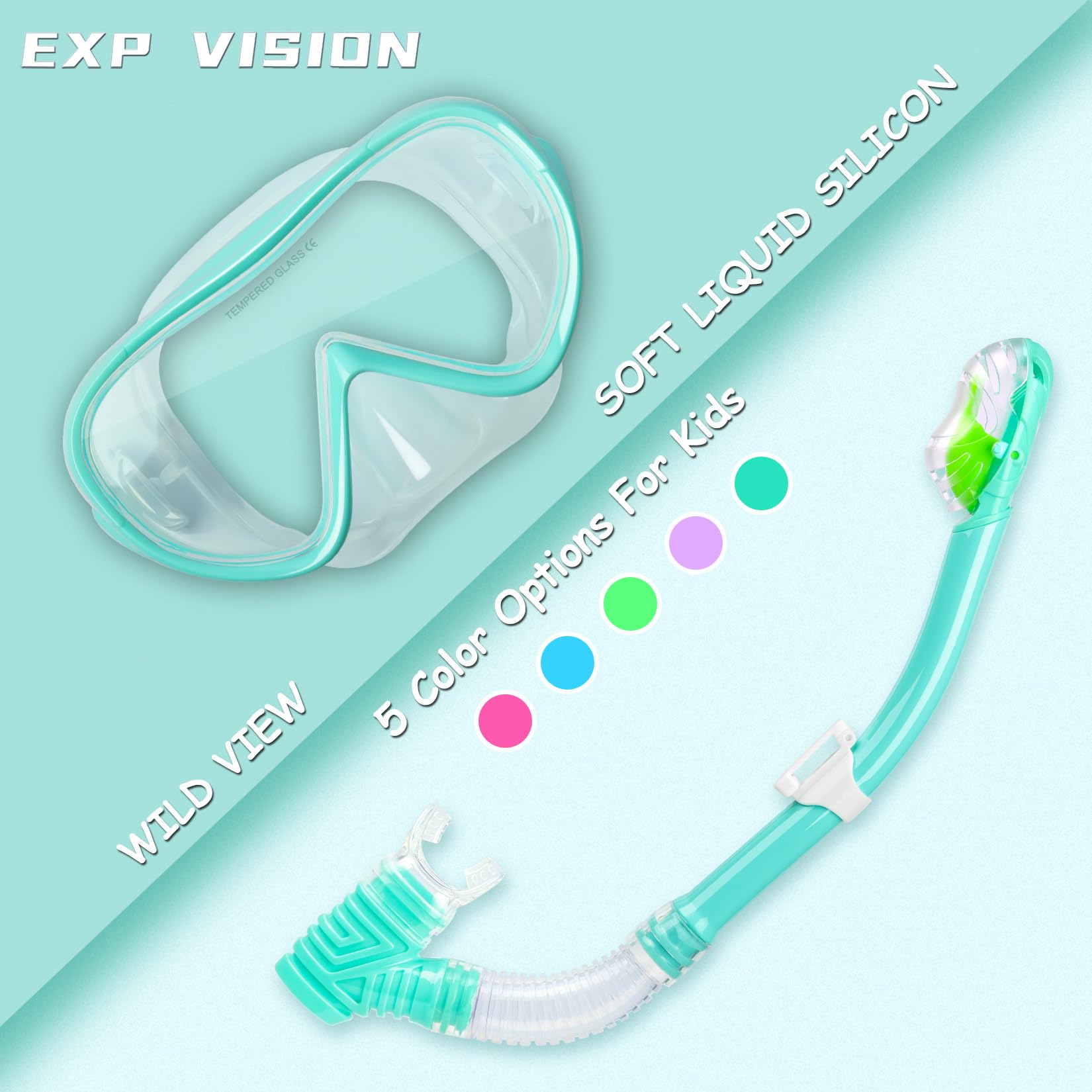 Kids Snorkel Set, Child Diving Mask Anti-Fog Swimming Goggles Dry Snorkel Children Snorkeling Swimming Gear for Youth Boys Girls Age 4-14 (Aqua Set)