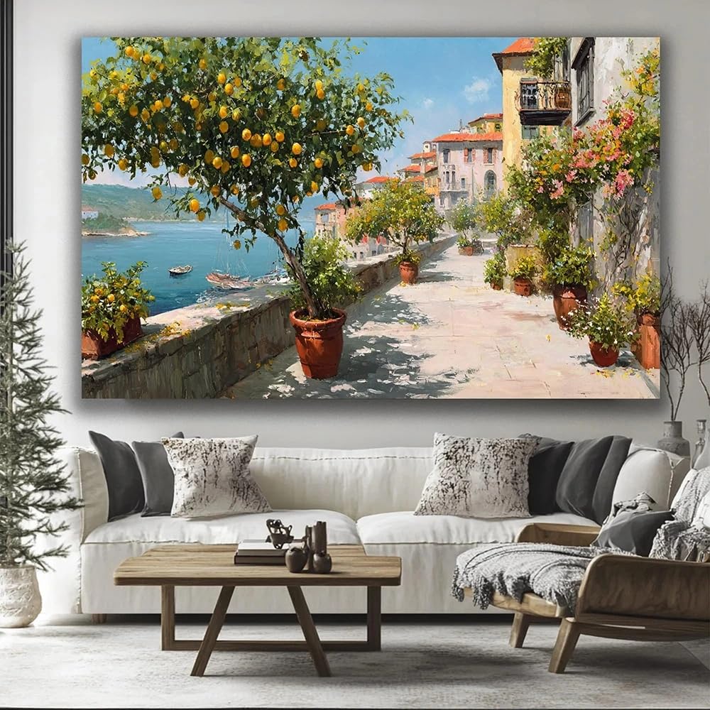 Gosrd Frameless Canvas Print Posters,Coast Wall Art Village Landscape Modern Home Living Room Decor(50X70cm/Frameless)