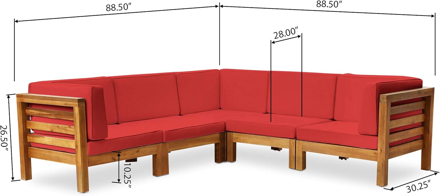 GDFStudio Outdoor V-Shaped Sectional Sofa Set - 5-Seater - Acacia Wood - Outdoor Cushions - Teak and Red