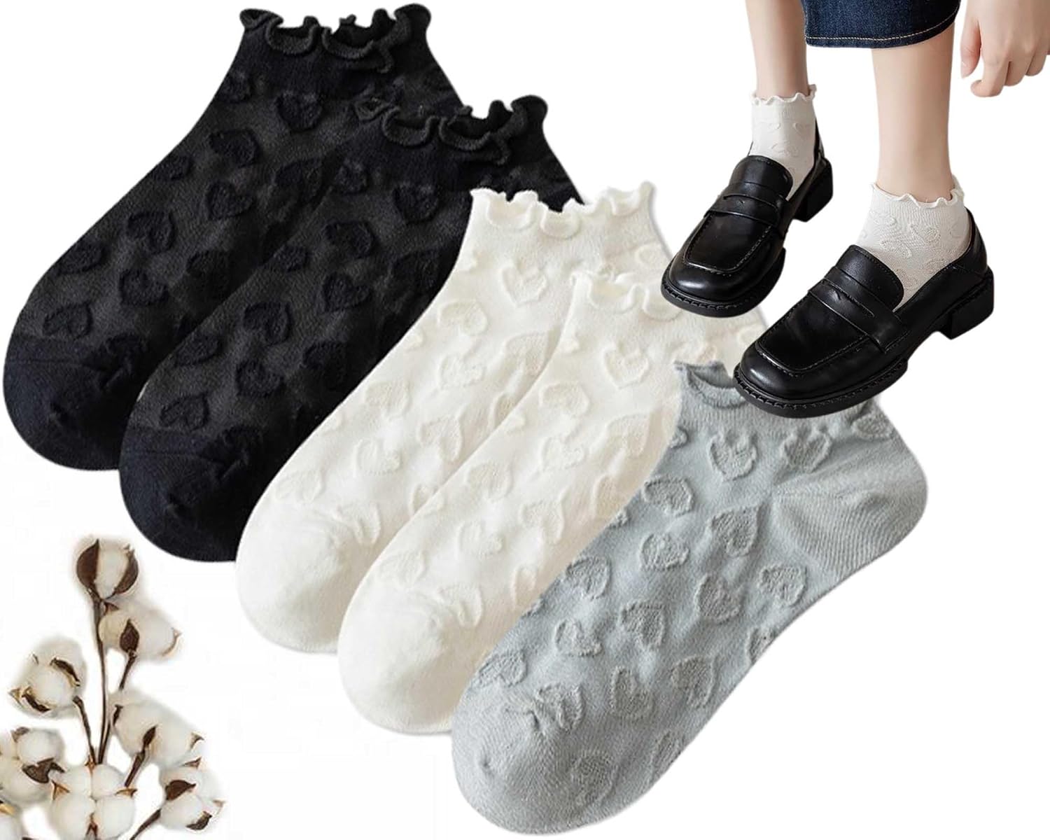 CHUNFO Cute Womens Ankle Socks Heart Embroidered Ruffle Cotton Teens Lace Trim Size5-9.5