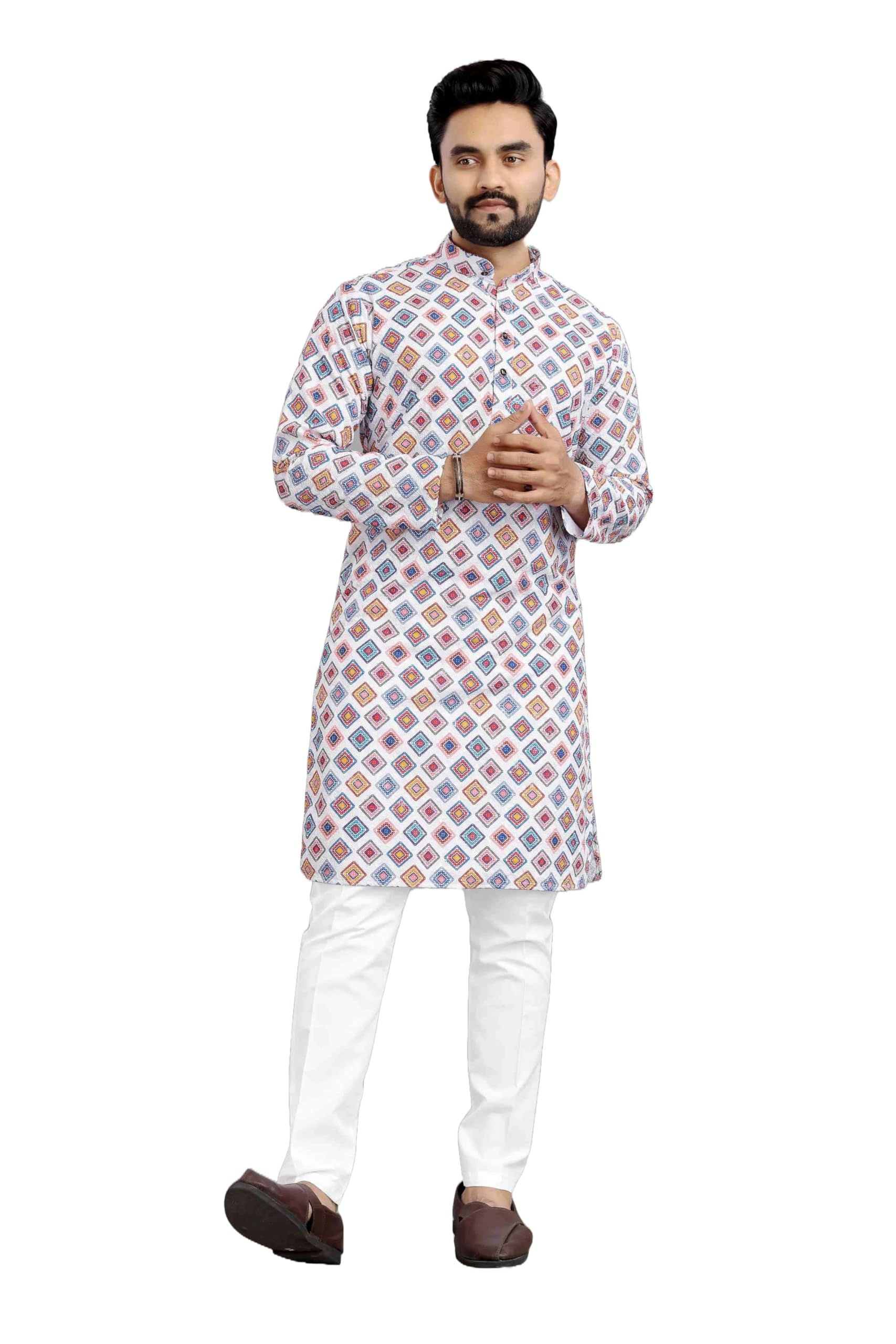 Lookmark Men's Cotton Blend Printed Long Kurta Suitable For All Indian Wedding, Occasions, And Festivals (Az-Lm-Og-Kurta 24-Xxl) Multicolour