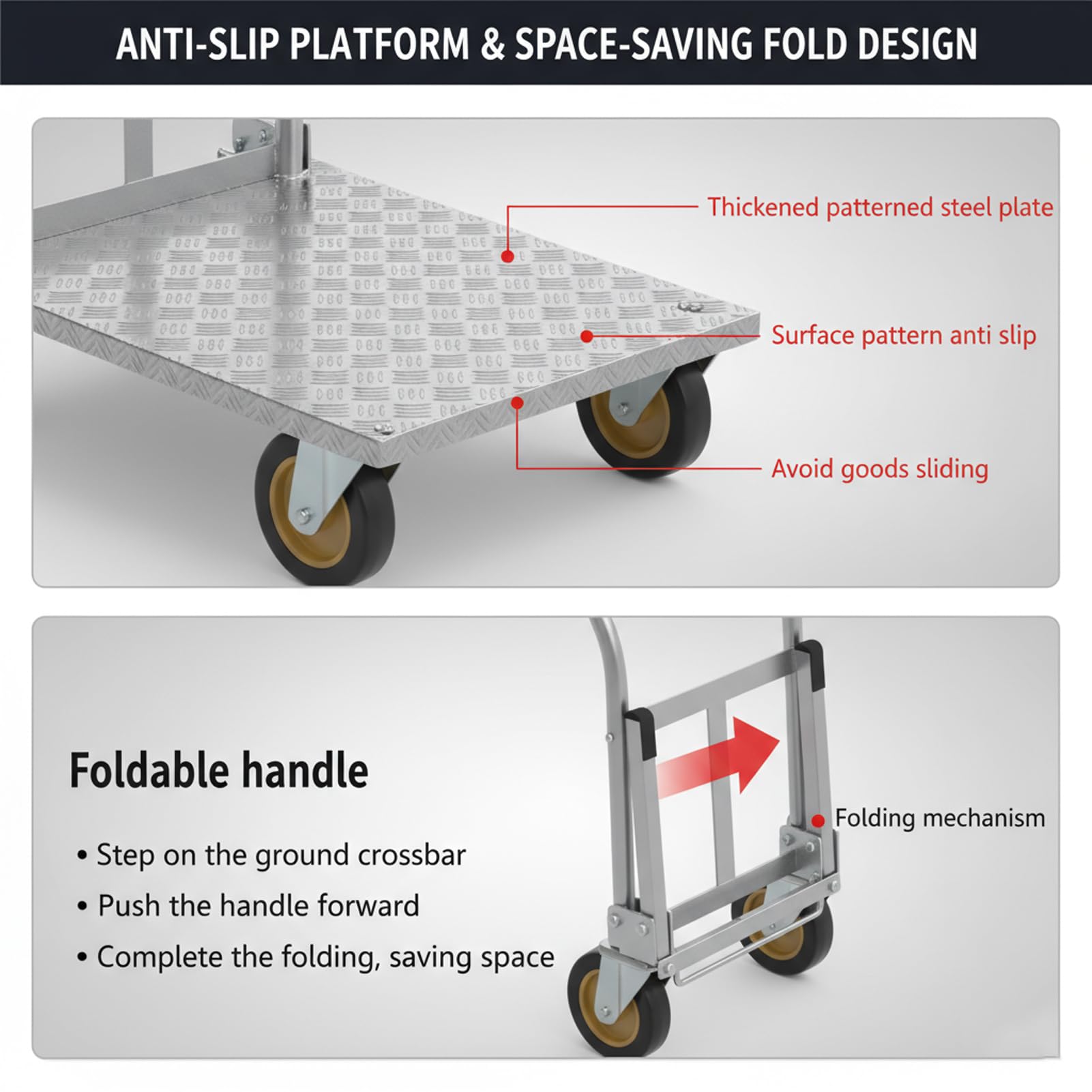 Carretilla de mano resistente, carrito de mudanza plegable con ruedas giratorias para un transporte eficiente en oficina, garaje, almacén y hogar