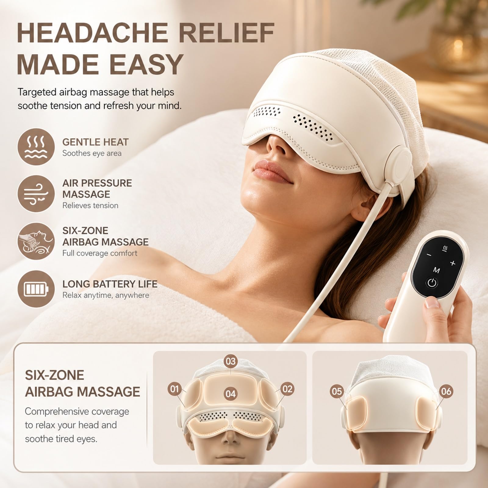 Masajeador Eléctrico Recargable 3 En 1 Para Cabeza Con Función Calor, Dispositivo Con Capucha Desmontable Para Masaje Cuero Cabelludo Y Ojos, Cuenta Con 6 Zonas De Bolsas Aire Envolventes