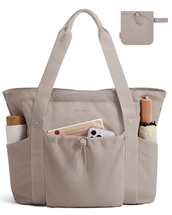 BAGSMART Foldable Tote Bag with Drawstring Bag, Large Tote Bag Shoulder Bag Top Handle Handbag for Travel, Work, Beach, Gym by BAGSMART - Used condition - US$14.94