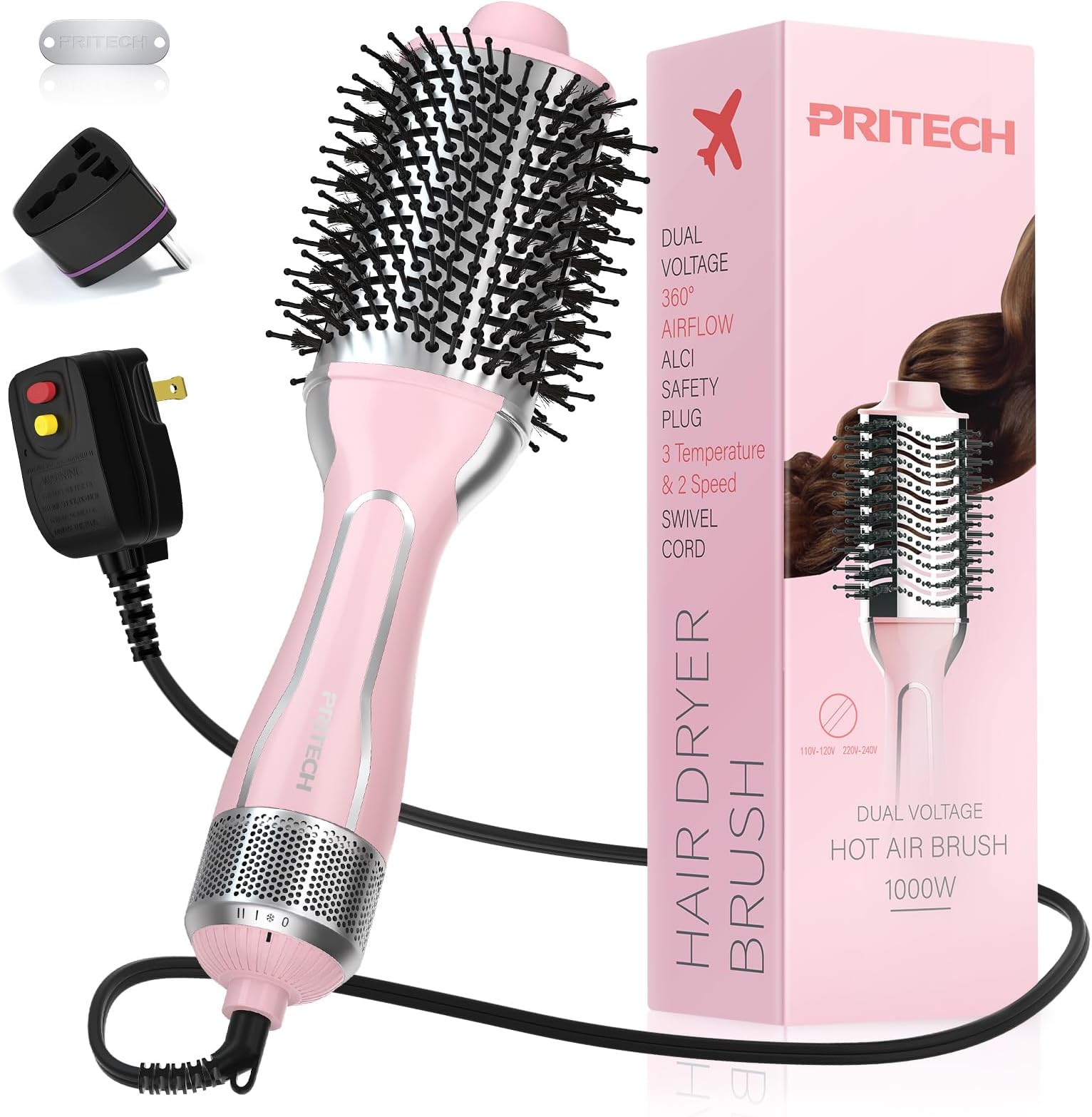 Dual Voltage Hair Dryer Brush, PRITECH Hot Air Brush 110V