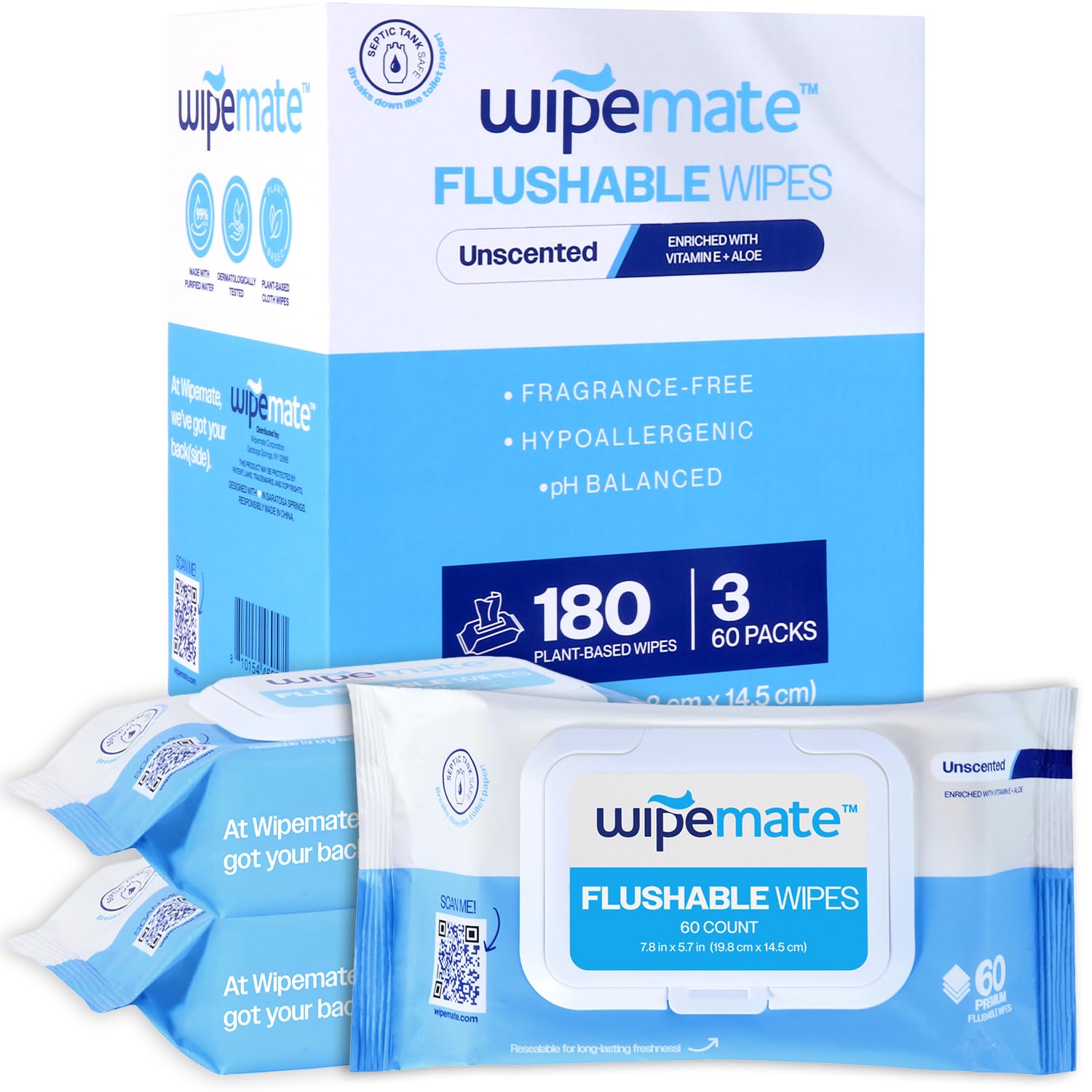 ULTRA Flushable Butt Wipes, Soothing Vitamin E & Aloe, 99% Water, Unscented Premium Super Soft Hygiene Wipes, Septic & Sewer Safe, 3 Premium Flip-Top Packs, 60 Wipes Per Pack (180) Count