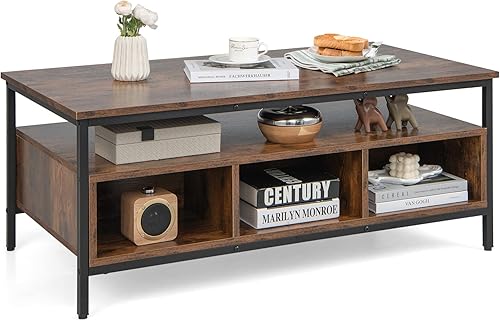 GOFLAME Mesa auxiliar industrial de 3 niveles, mesa central rectangular con estante abierto y 6 compartimentos, mesa de cóctel decorativa de madera