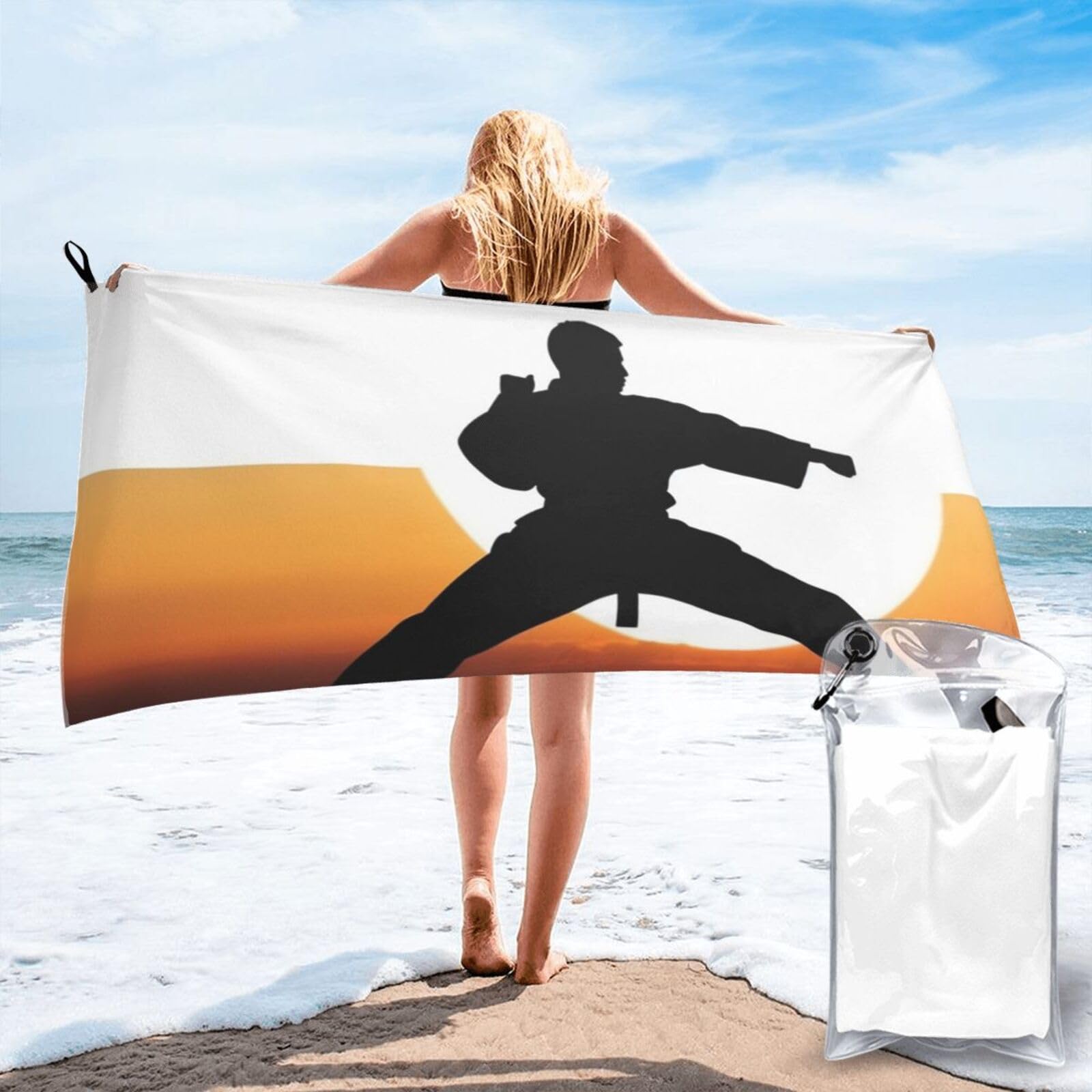 DWVTSLH Microfiber Sand Free Beach Towel 31.5"x63", Quick Dry Absorbent Travel Towel Large Camping Blanket, Karate Silhouette Bath Towels Lightweight Pool Swim Towels for Vacation Essentials