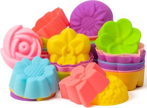 R HORSE 42Pcs Extra Large Silicone Molds, 3 x 1.2 inch Jumbo Cupcake Multi Flower Shapes Baking Cups Non-Stick Donut Wrapper Mold Muffin Liners Washable for Pan Oven Microwave Dishwasher
