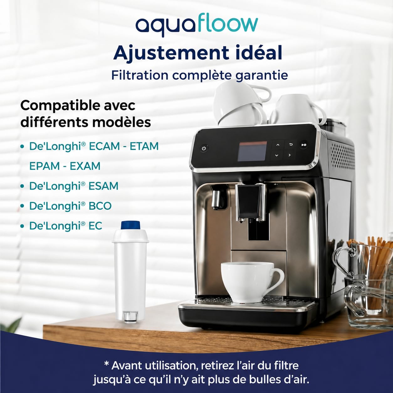 Aquafloow Filtre à eau compatible DeLonghi DLSC002 Détartrant EcoDecalk 500ml Kit entretien machine à café Magnifica S Evo Dinamica brosse nettoyage