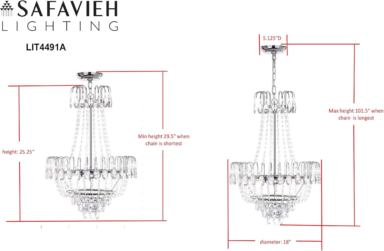 SAFAVIEH Lighting Collection Sonja Traditional Shabby Chic Glam Chrome/ Clear Crystal 18-inch Diameter 3-light Adjustable Hanging Chandelier Pendant Light Fixture (LED Bulbs Included)