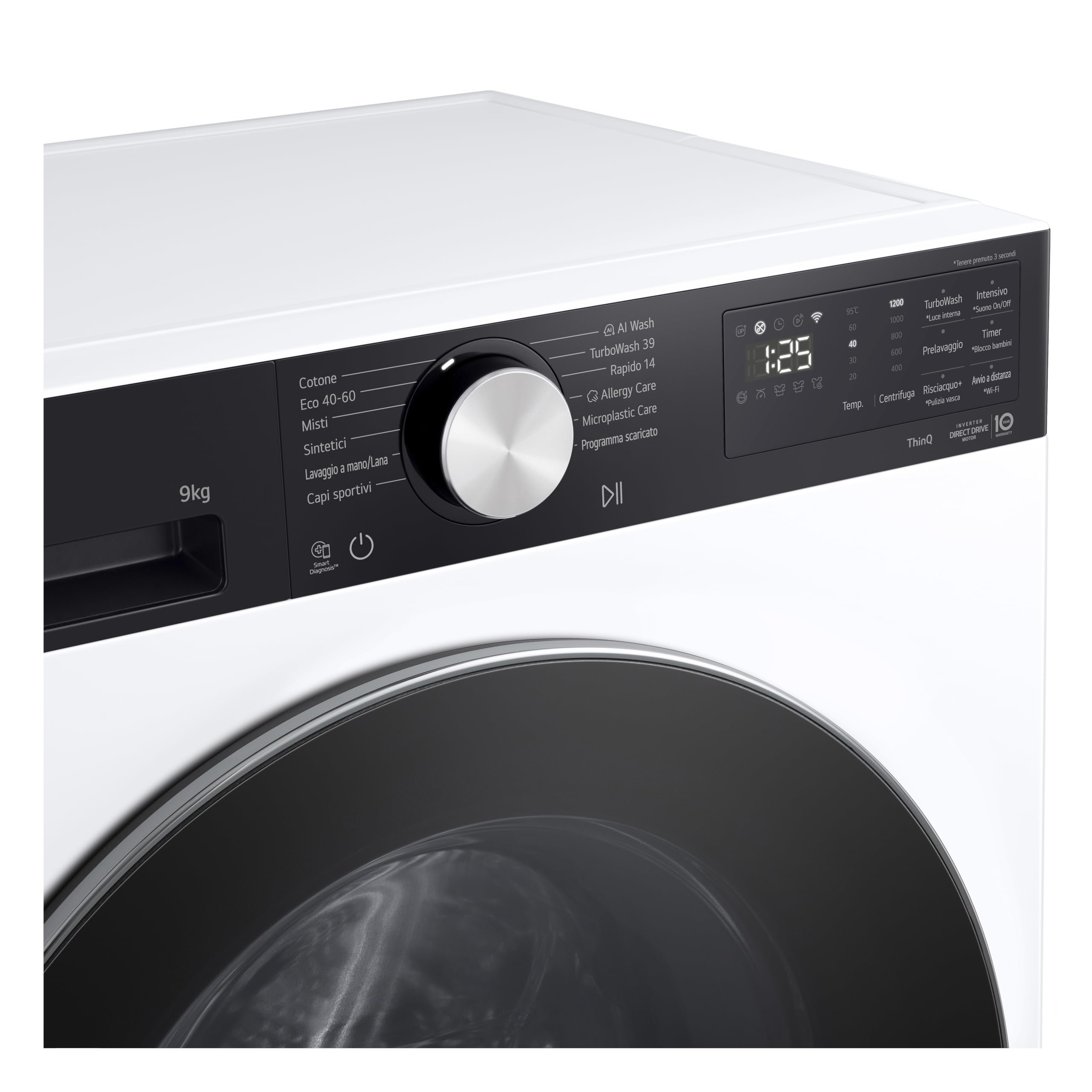 LG F2NX50S9TKC Lavatrice Slim 9 kg Next AI DD, Classe A -30%, 1200 Giri, Programma AI Wash con Intelligenza Artificiale, Wi-Fi, Allergy Care, TurboWash 360, Serie X5, White Black Pannel e Silver Knob