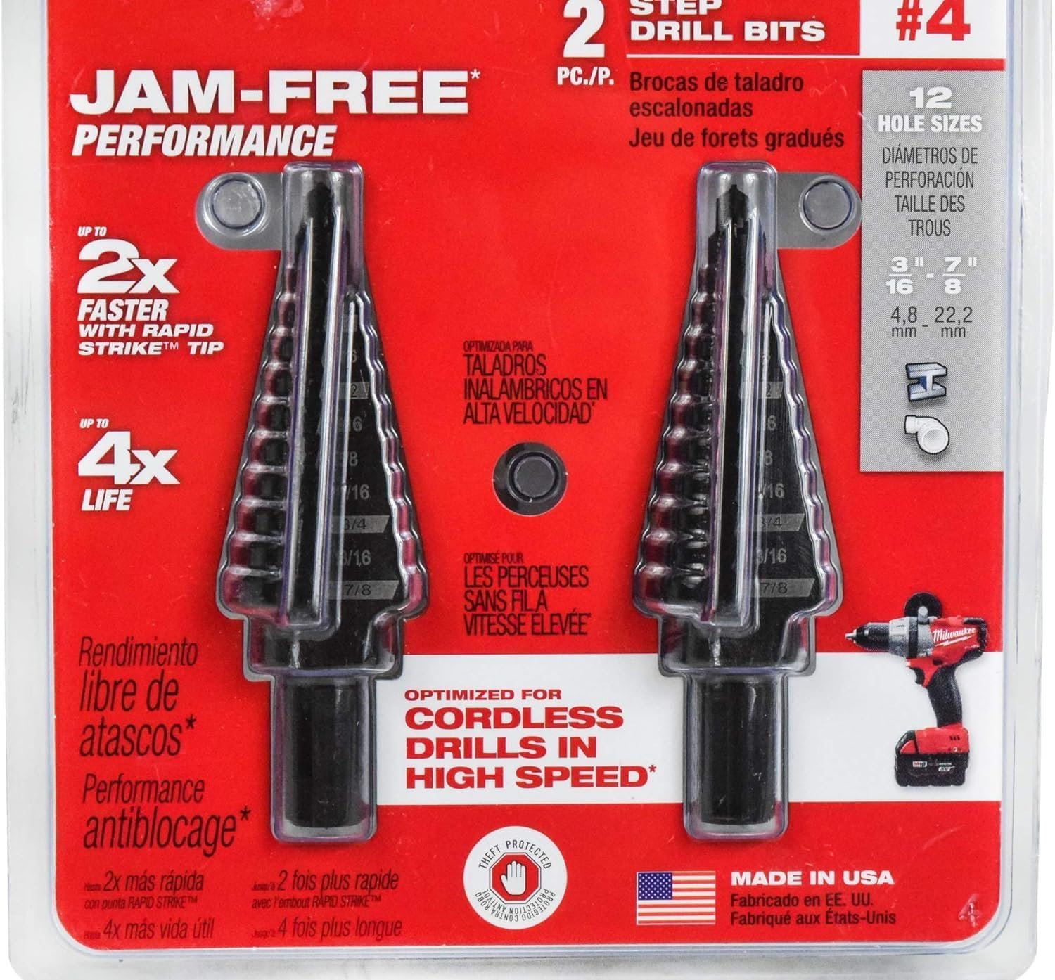 MILWAUKEE'S Electric Tool 48-89-9234 Step Drill Bit, 3/16-7/8 Hole", 4 Steps, 1/16" D Step, 2 Flutes, 1/4" 3-Flat, Hexagonal Shank