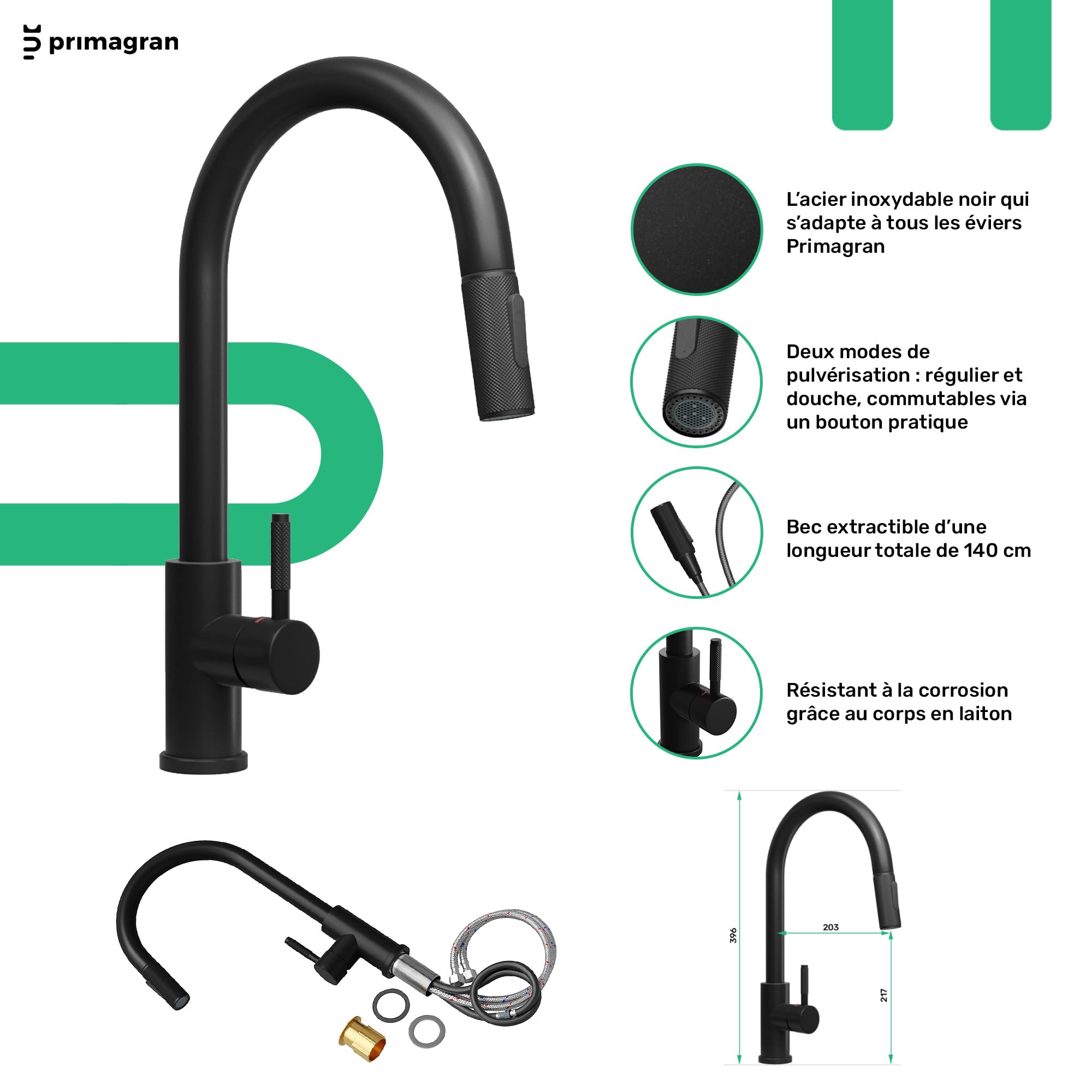 Evier Cuisine en Granit Noir 78x50cm, Lavabo 1,5 bacs + Kit de Vidage + Robinet + Planche à Découper, Évier à Encastrer au meuble 80cm - Oslo Top Duo de Primagran