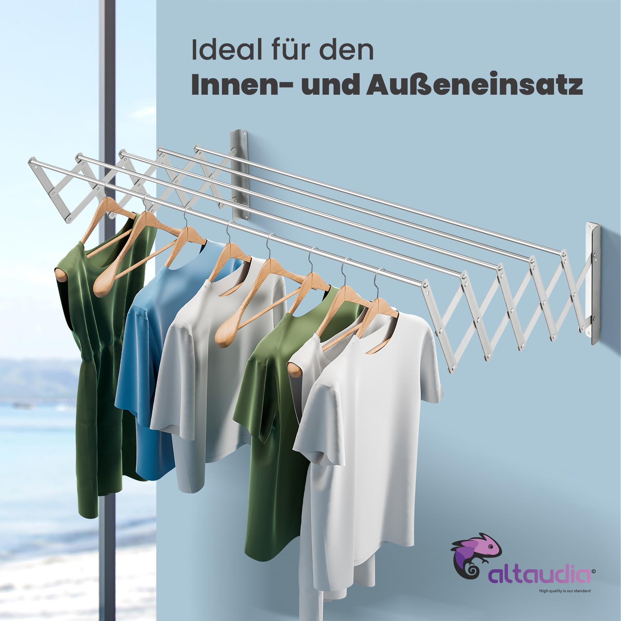 Wandtrockner Ausziehbar 120cm Antioxidans – Unsichtbar und Klappbar mit 6 Aluminiumstangen, Ausziehbar 9.5–60 cm, Wandmontage innen Oder Außen, Einfache Montage, Sichtbar
