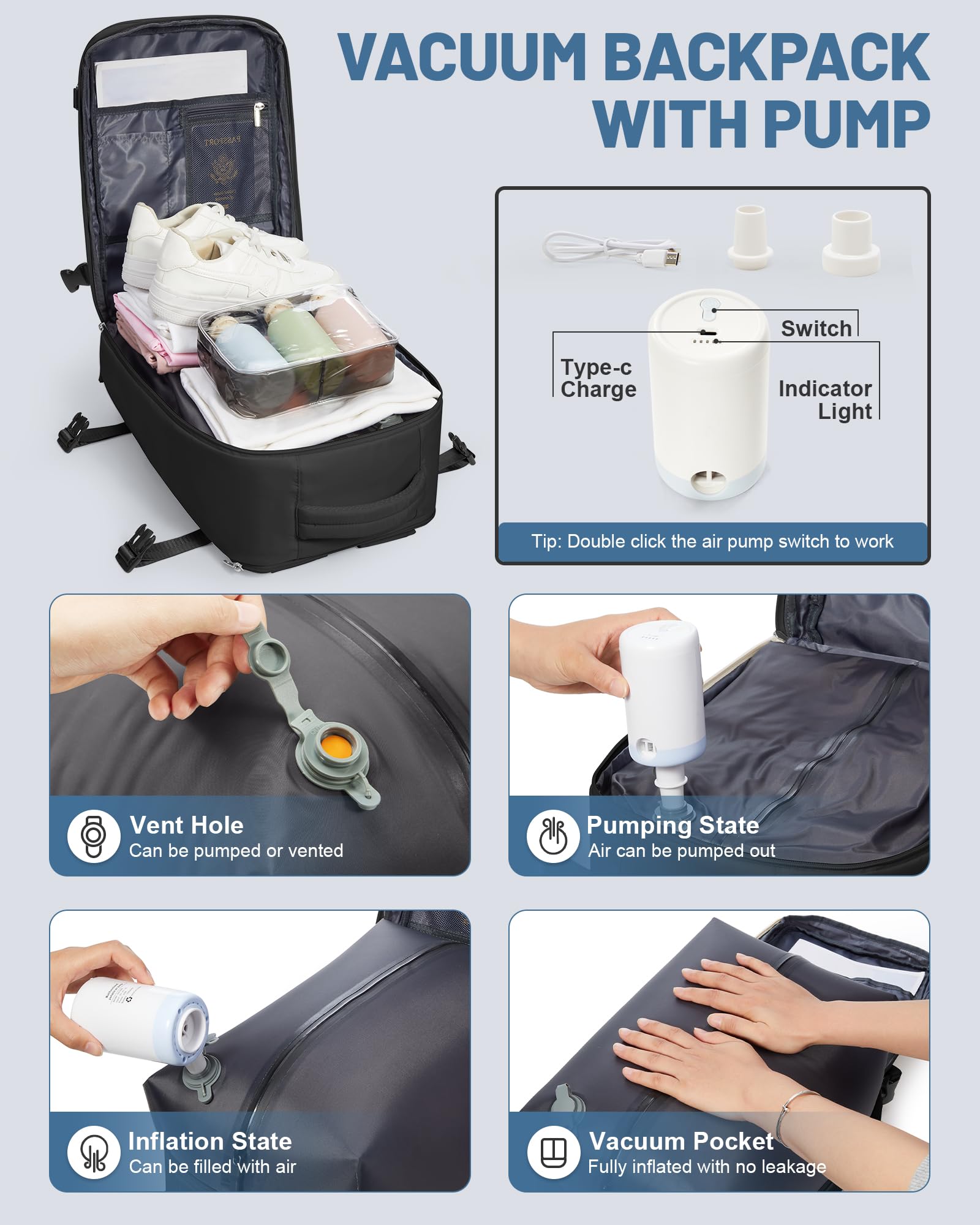 bergsalz Zaino Sottovuoto Ryanair 40x20x25 Viaggio Con Pompa Zaino Da Viaggio 40x20x25 Da Donna Uomo Aereo Bagaglio a Mano Con Sottovuoto Incorporato Nero