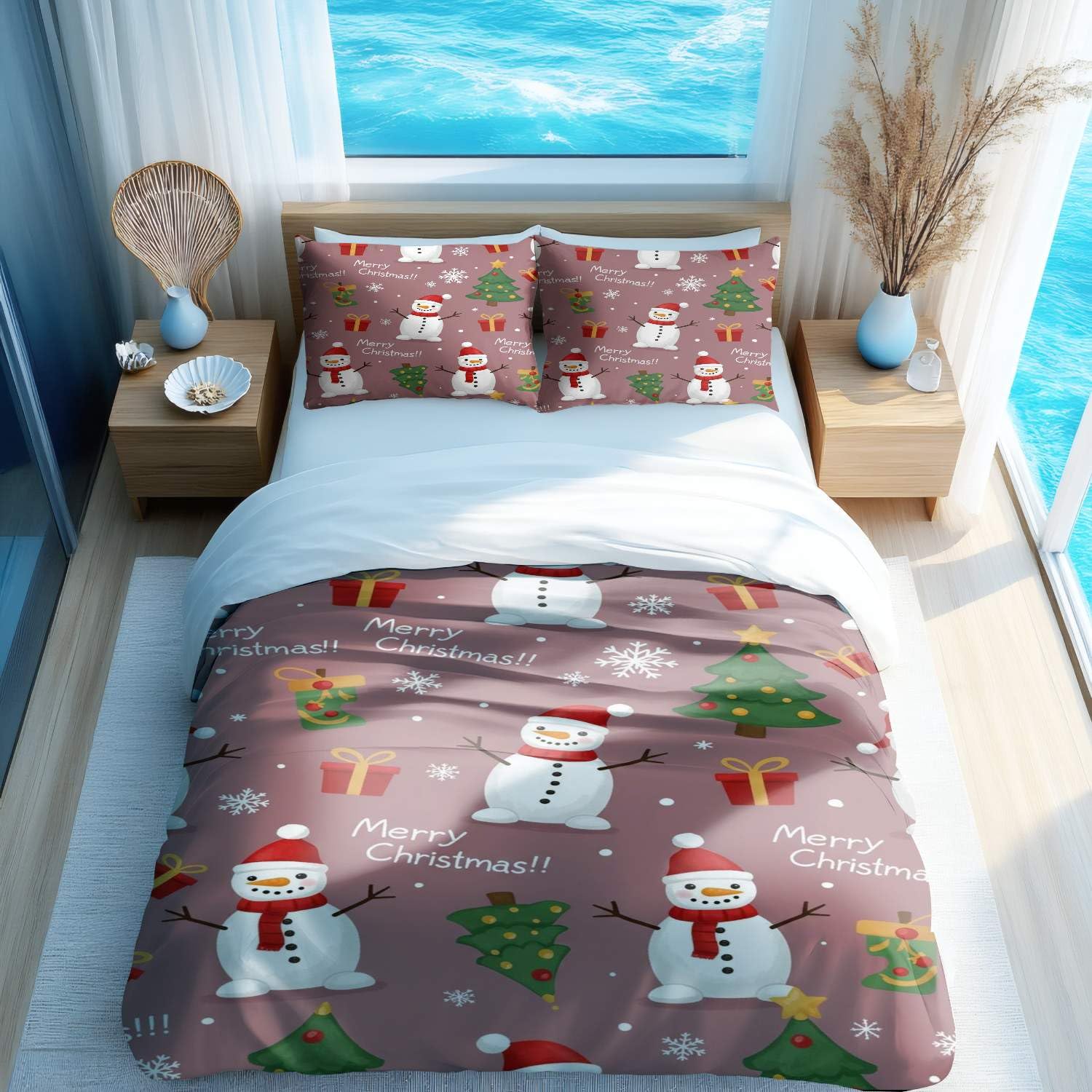 Parure de lit d'hiver bonhomme de neige bleu thermorégulatrice pour lit 1 place